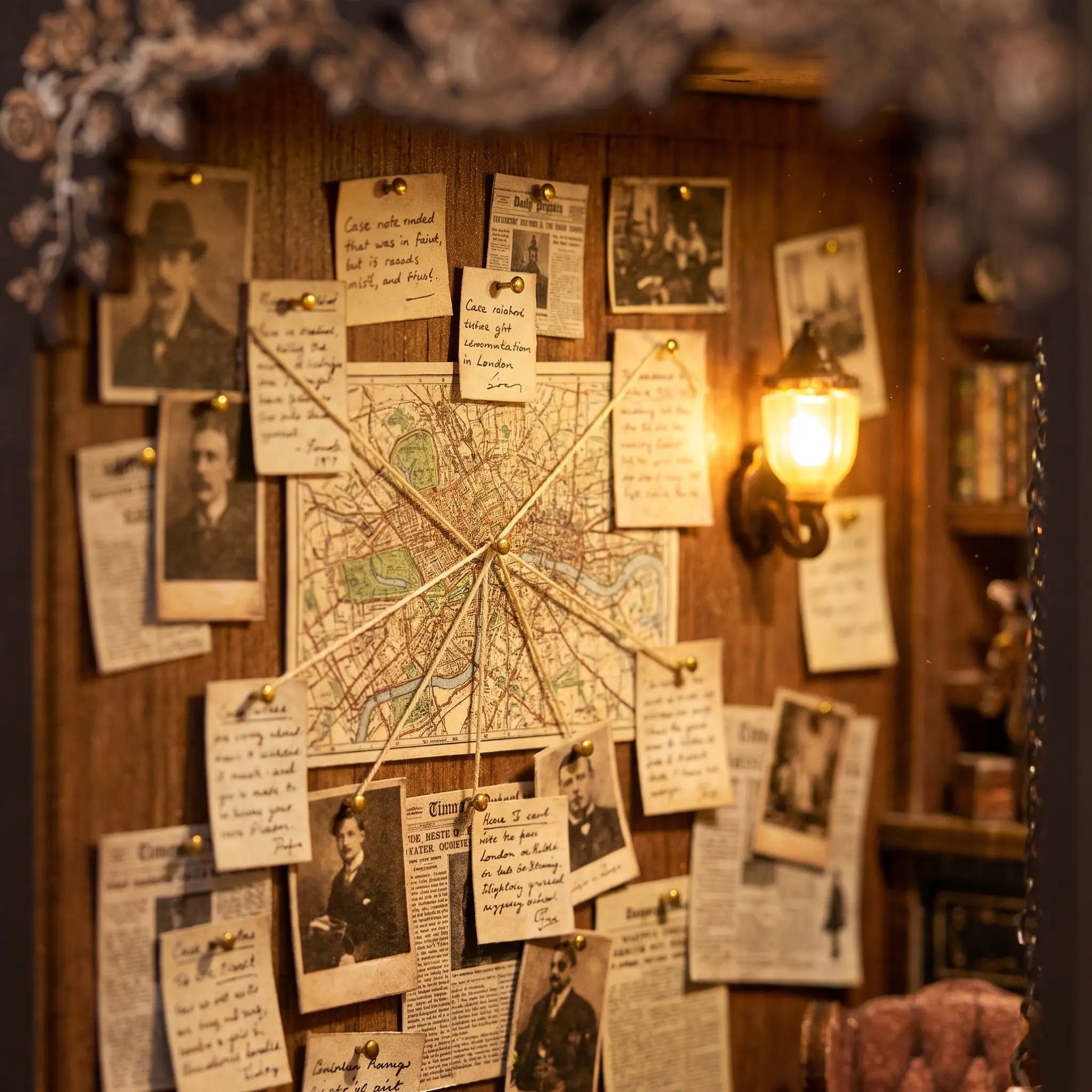 Close-up of the pinned case wall and map inside The Detective's Study