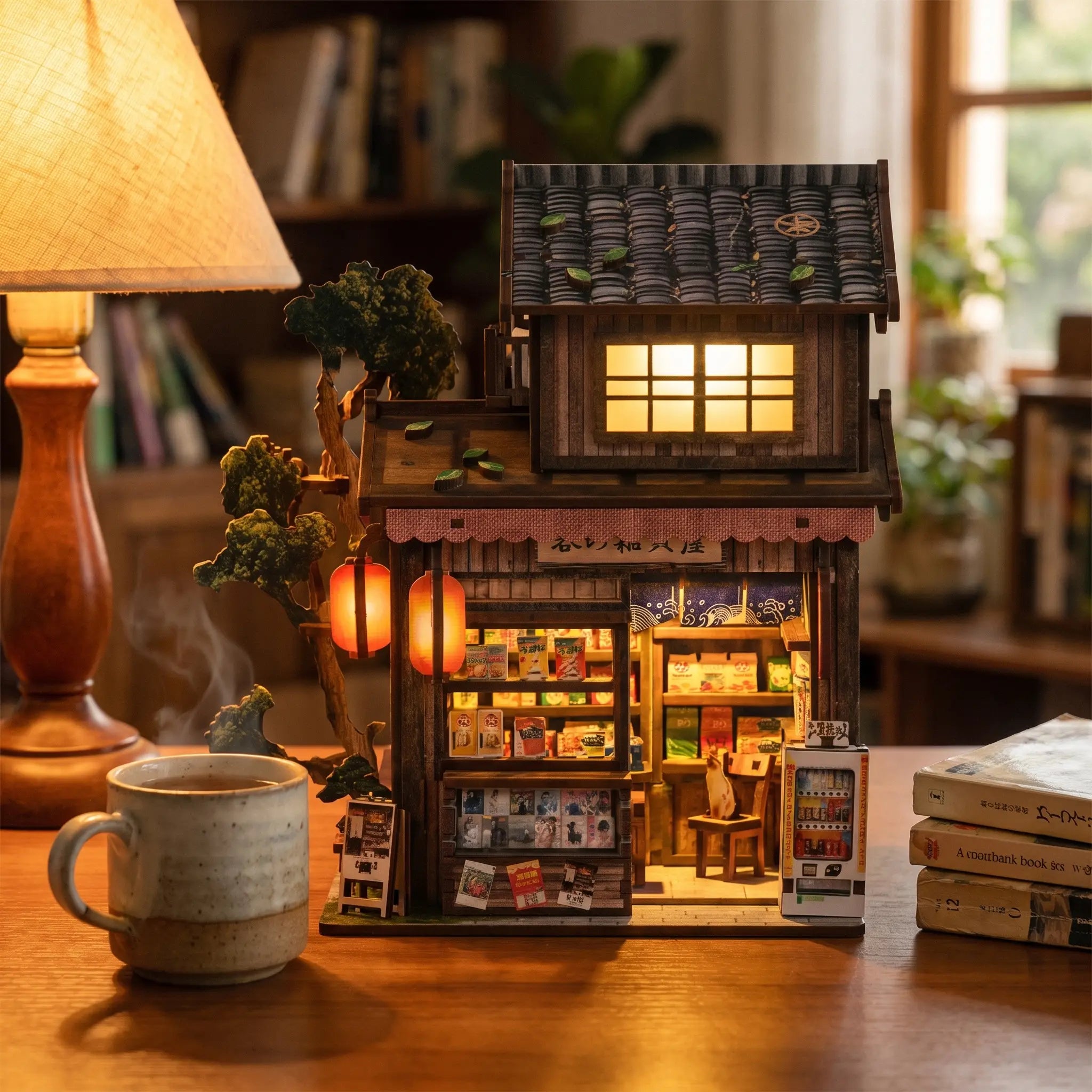 The Corner Store miniature on a wood desk beside a mug and books at dusk