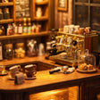 Close-up of the coffee counter and silver espresso machine in The Coffee Corner