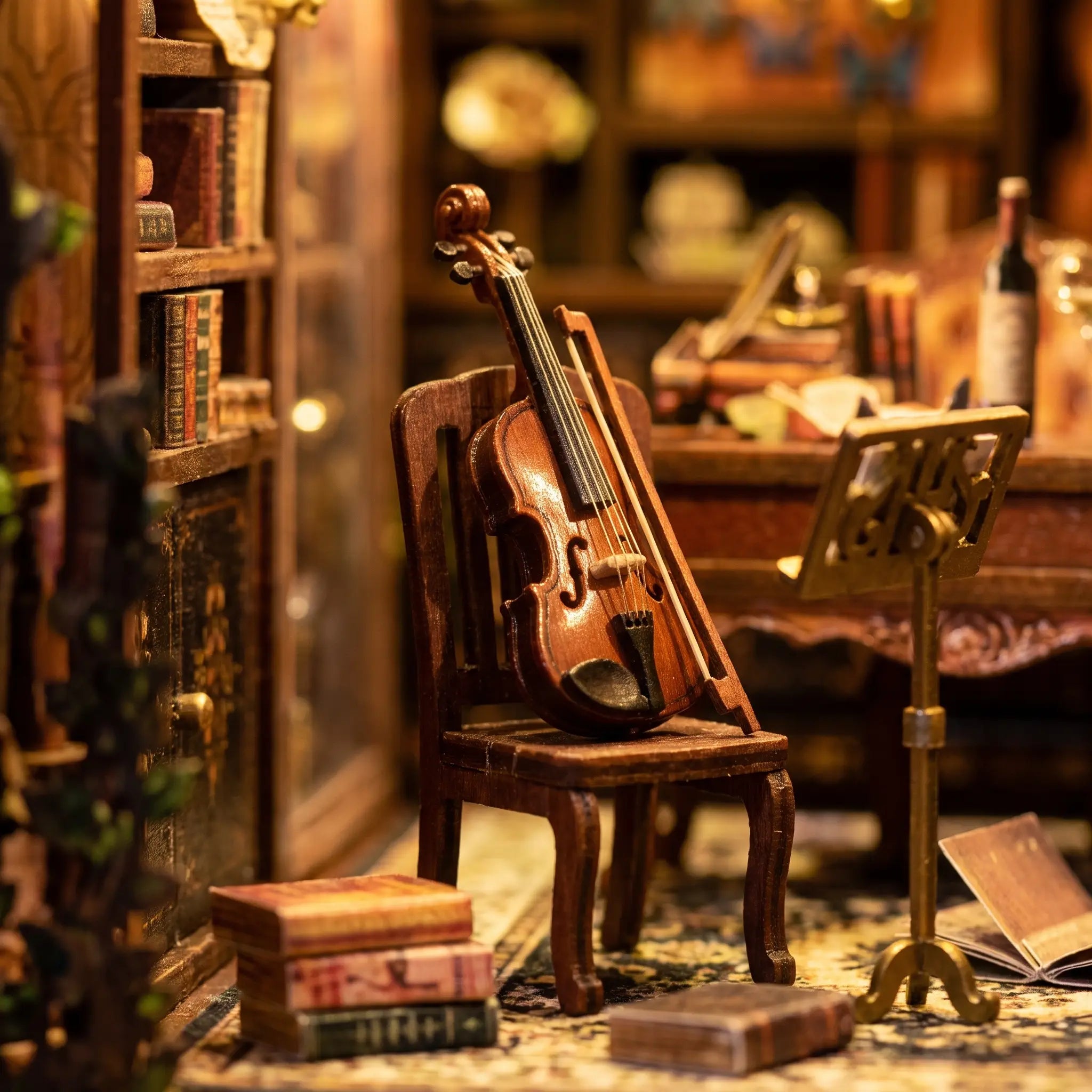 Close-up of the miniature violin inside The Detective's Study