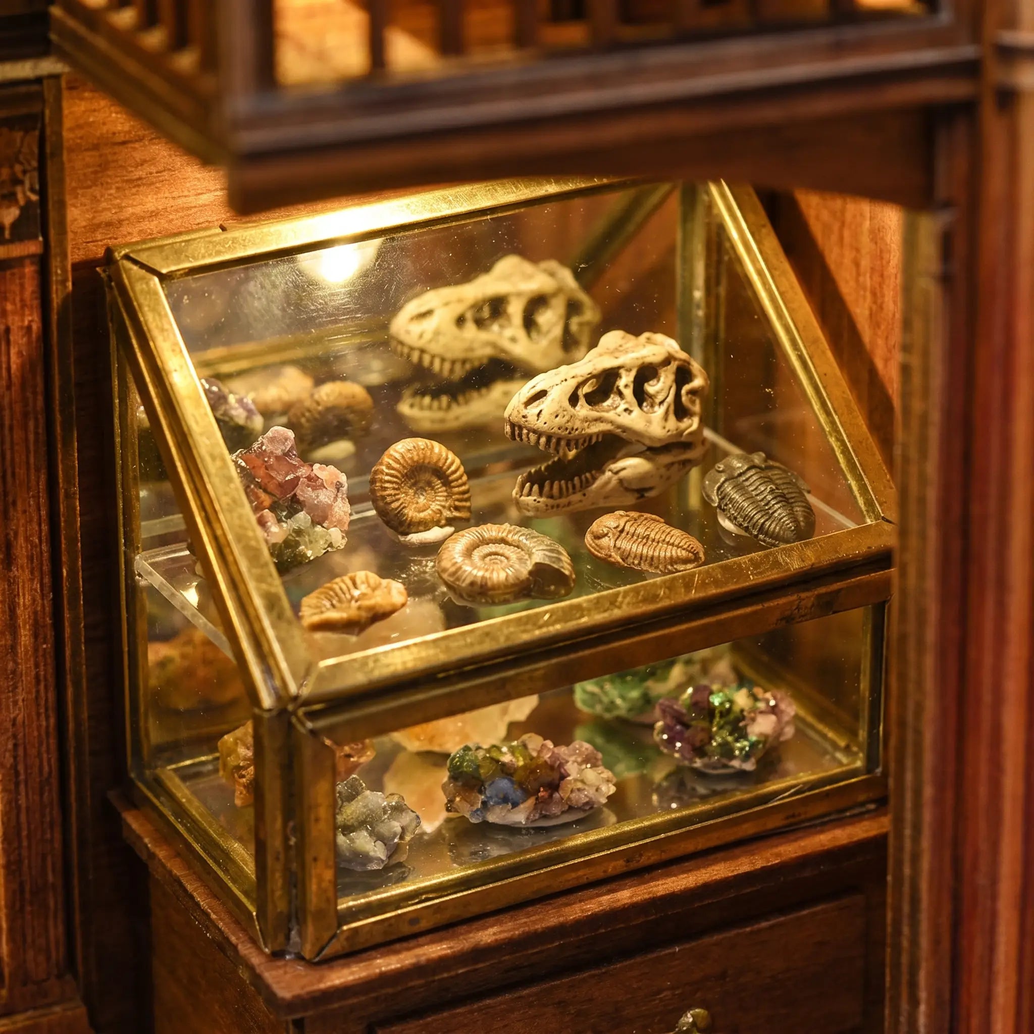 Lit glass fossil and gem display case in The Fossil Museum