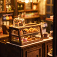 Close-up of the pastry display case with miniature cakes and croissants in The Coffee Corner