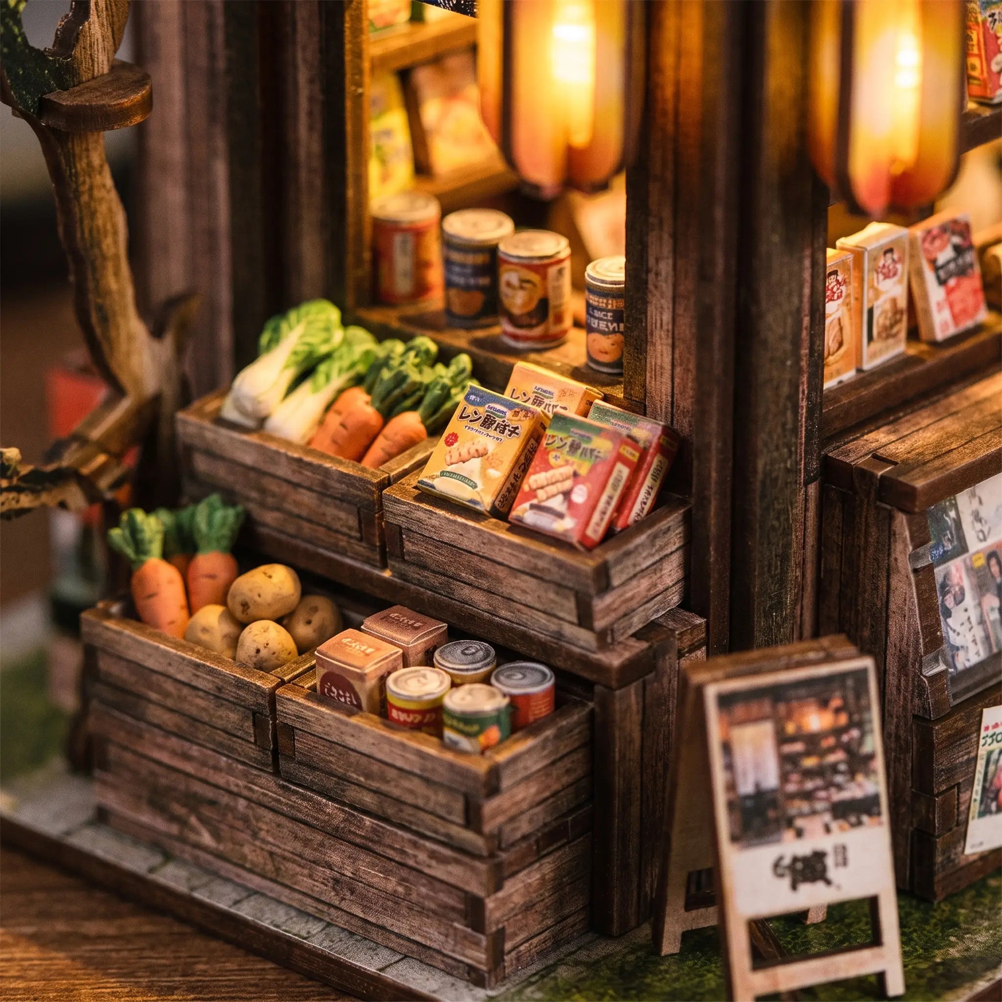 Close-up of The Corner Store crates of produce and packaged goods
