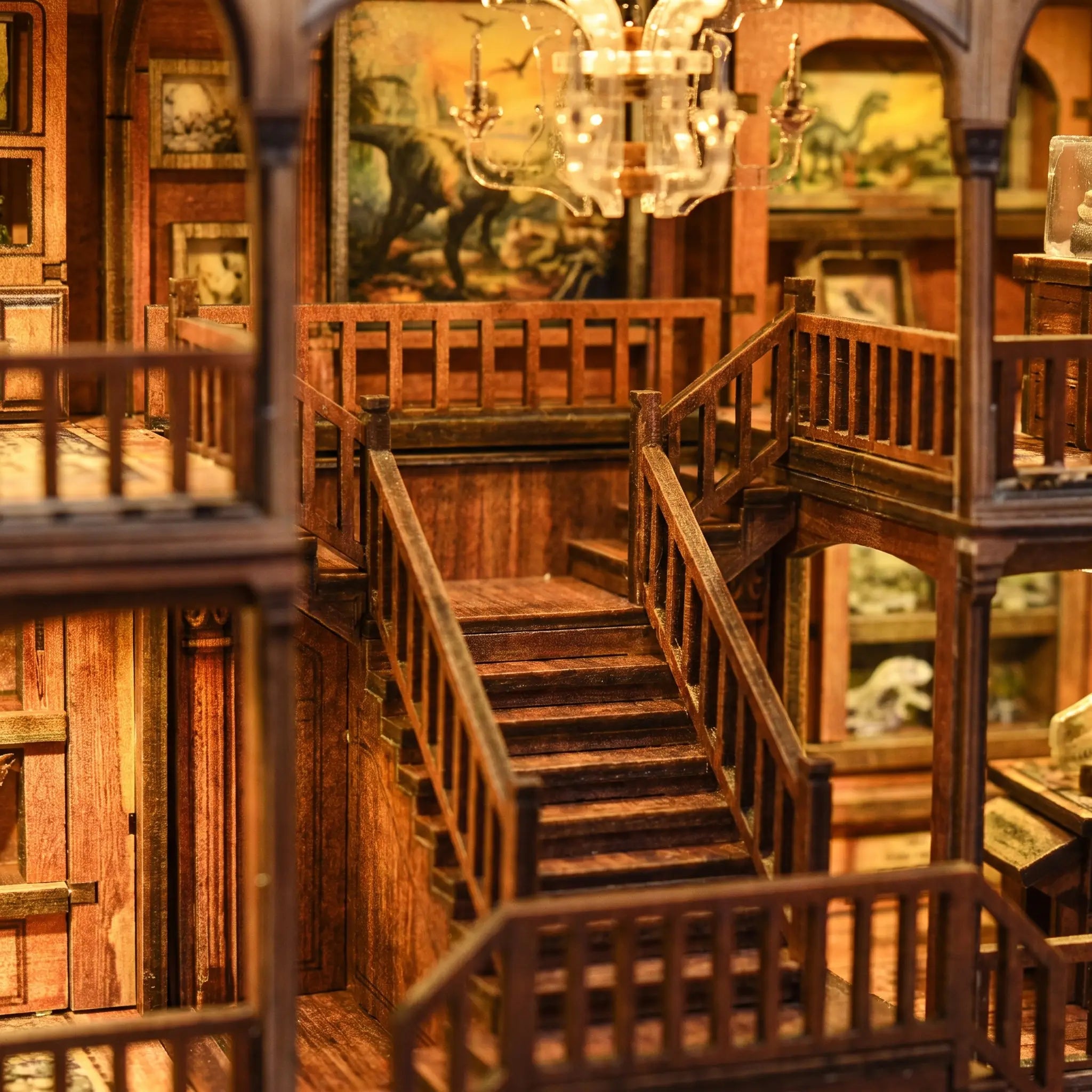 Grand wooden staircase inside The Fossil Museum