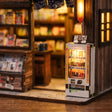Close-up of The Corner Store illuminated vending machine out front