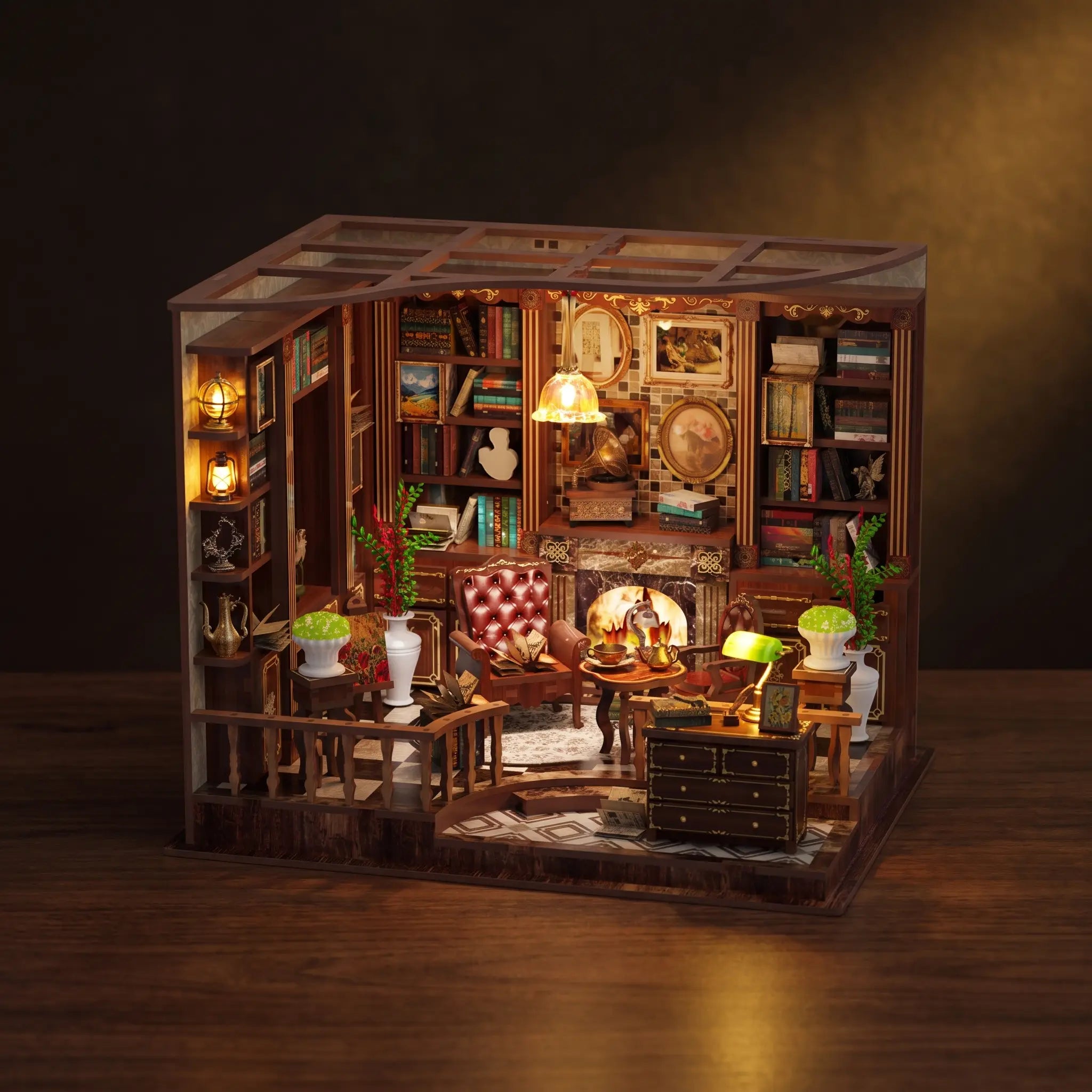 The Left Bank Study miniature roombox on a dark walnut backdrop with warm interior lighting