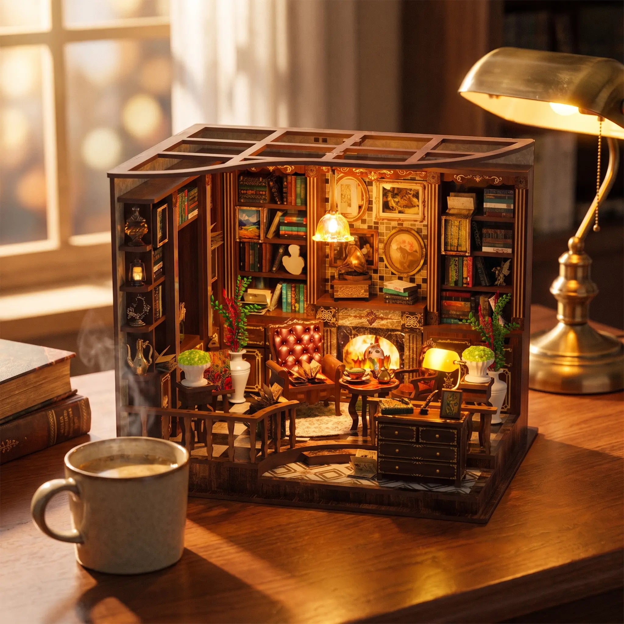 The Left Bank Study miniature study on a wood desk with a mug and books