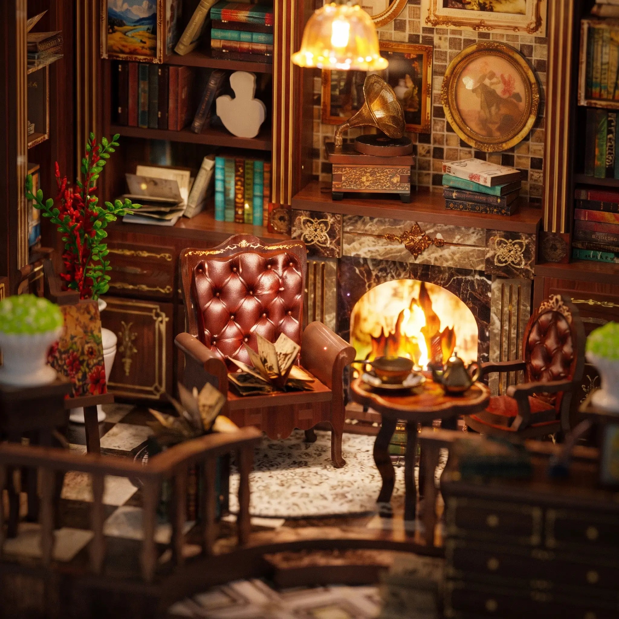 Close-up of the lit fireplace and leather chair inside The Left Bank Study