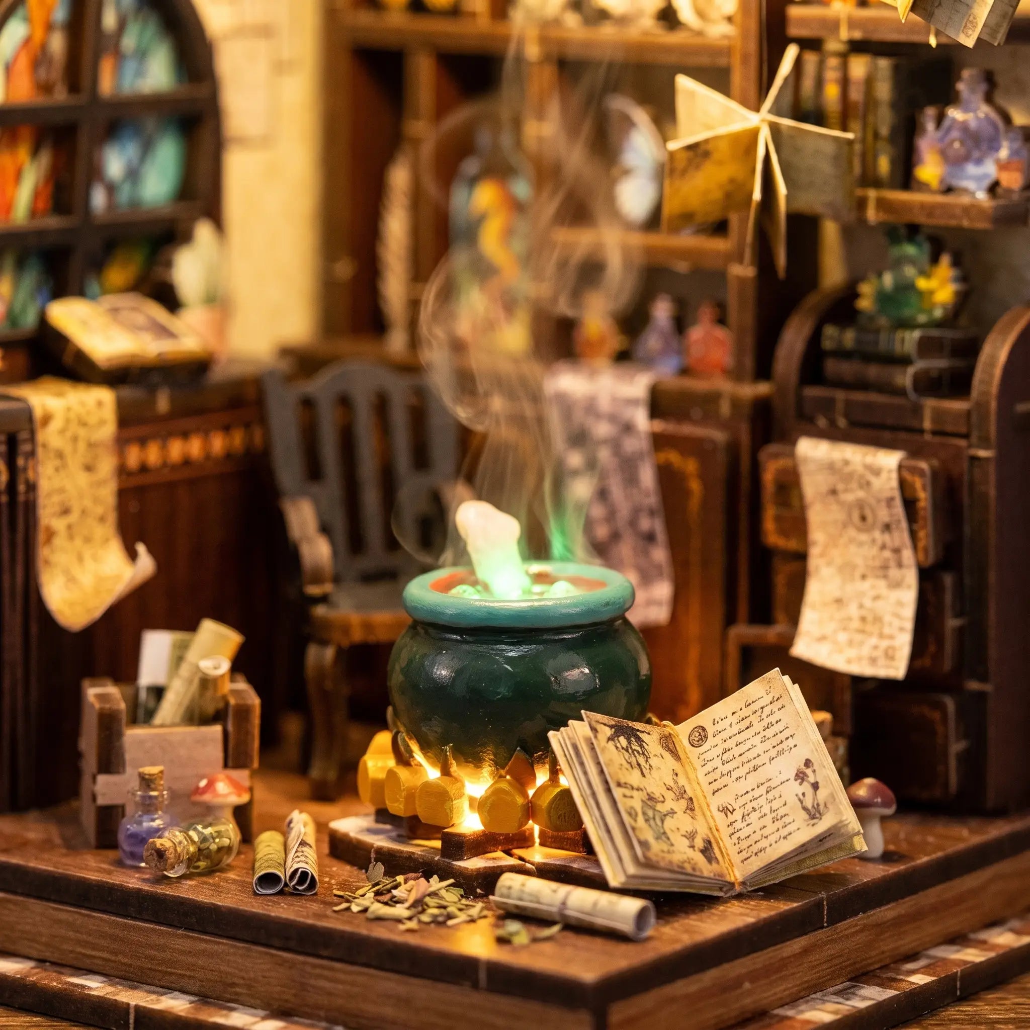 Close up of the cauldron in The Potion Workshop with a green glow and warm light