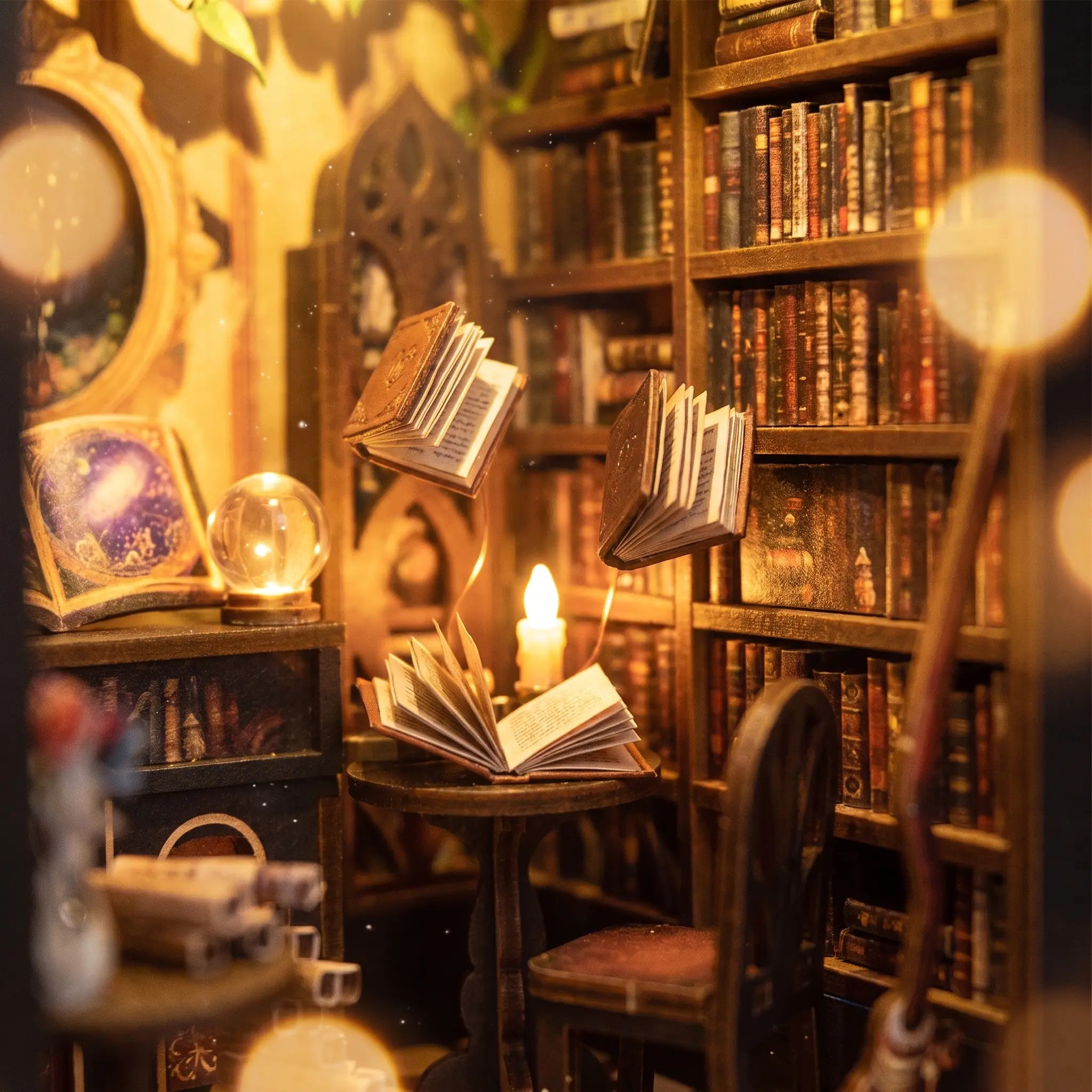 Close-up of the lit interior of The Spellbound Library with floating spell books and a crystal orb