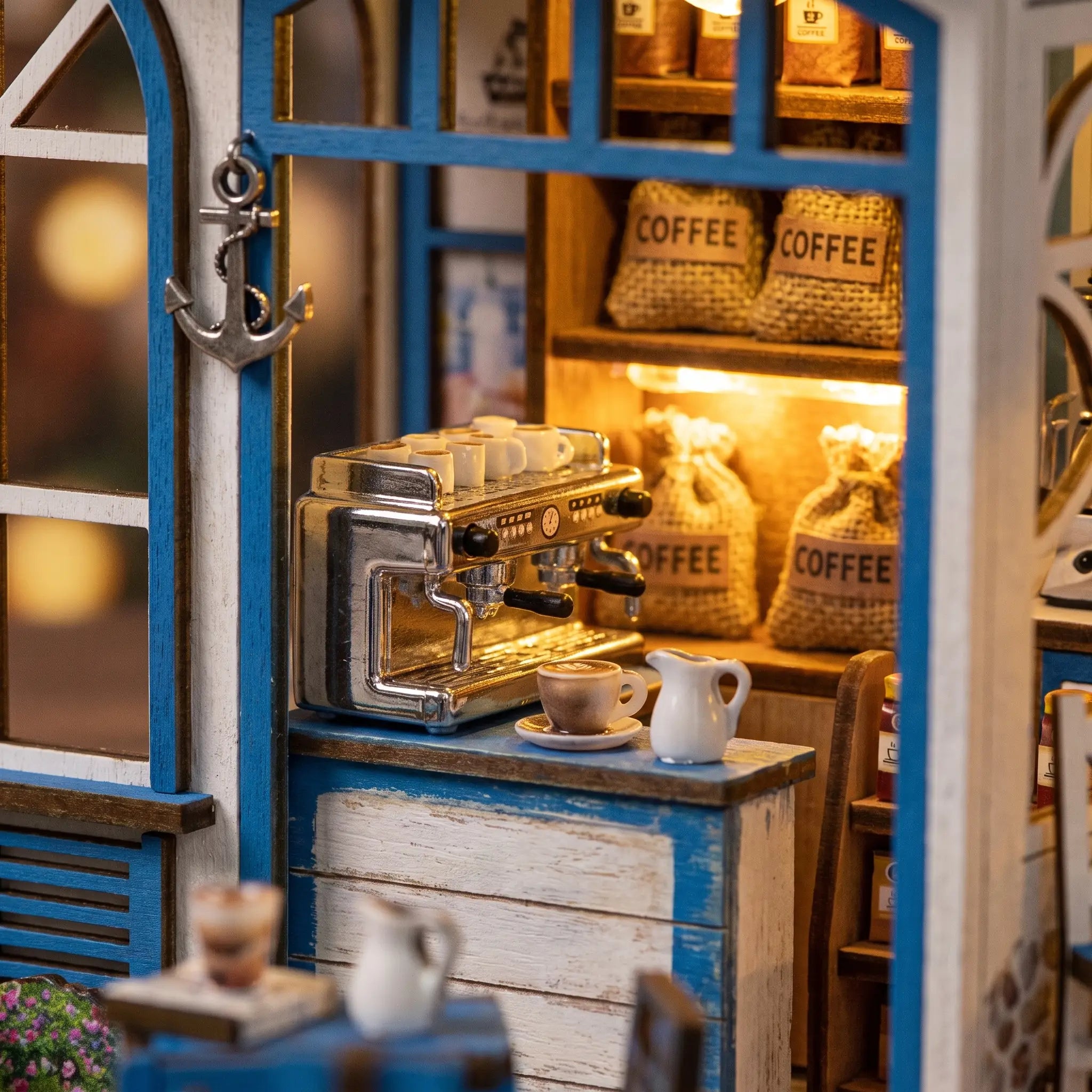 Close-up of the espresso counter inside The Santorini Café miniature