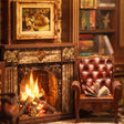 Close-up of the glowing fireplace inside The Left Bank Study