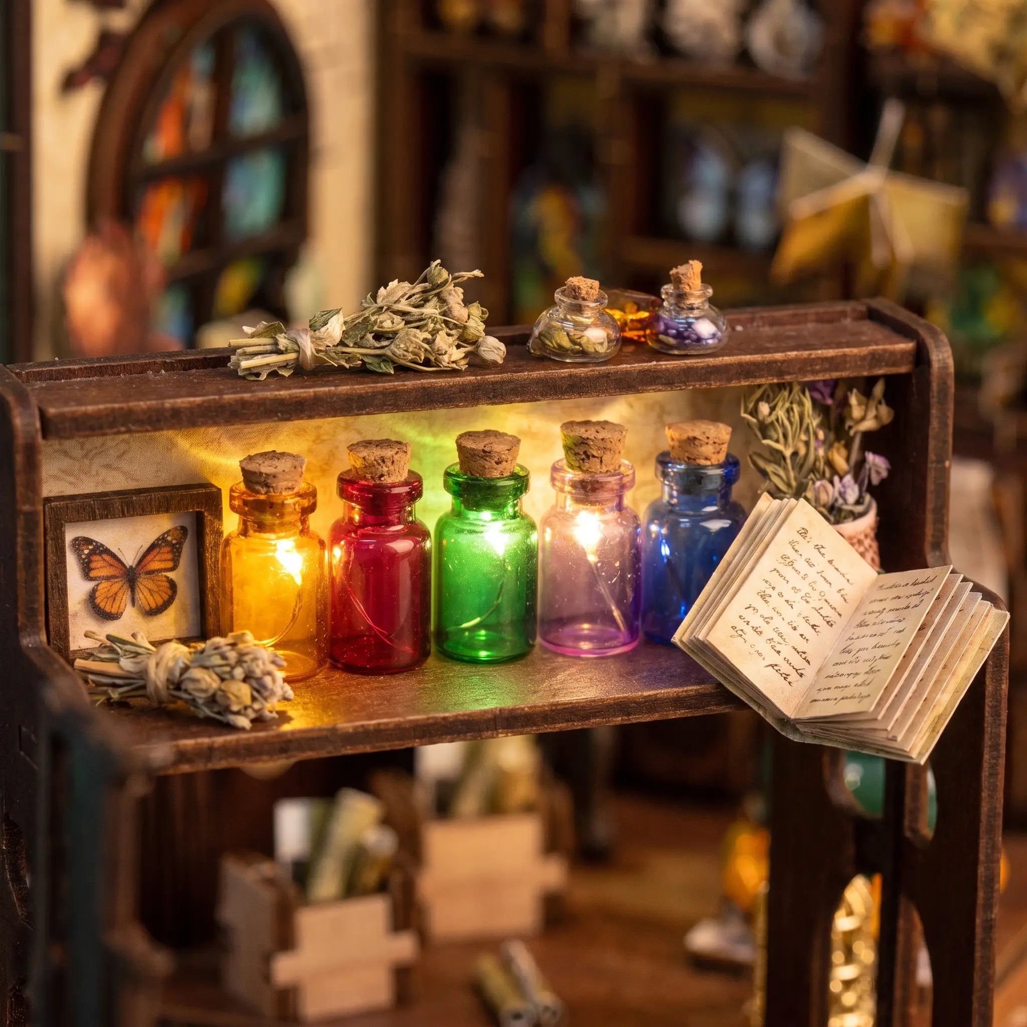 Close up of the potion shelf in The Potion Workshop with glowing bottles and dried herbs