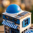 Close-up of the blue domed roof and striped awning of The Santorini Café miniature