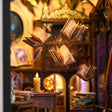 Close-up of the glowing floating spell books in The Spellbound Library