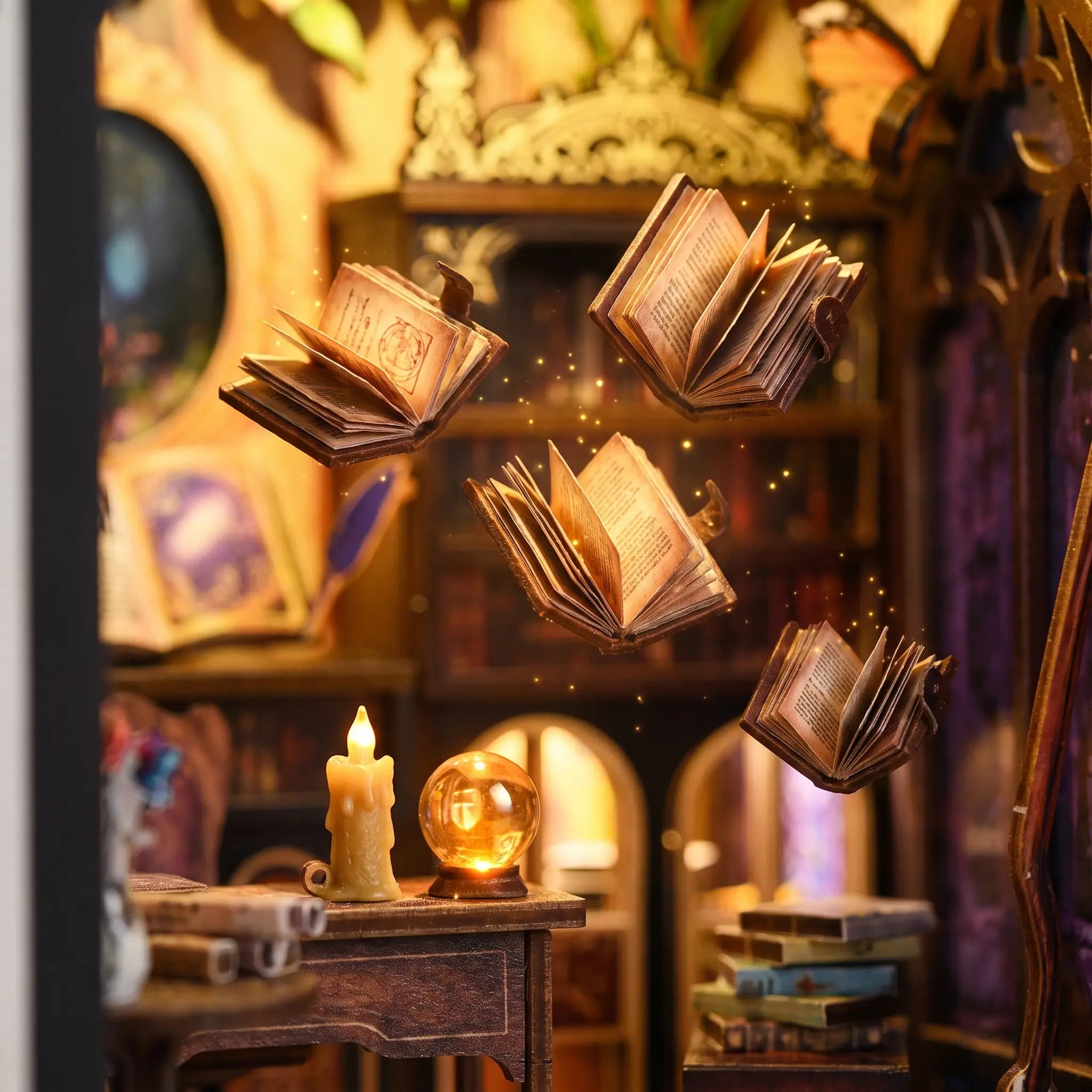 Close-up of the glowing floating spell books in The Spellbound Library