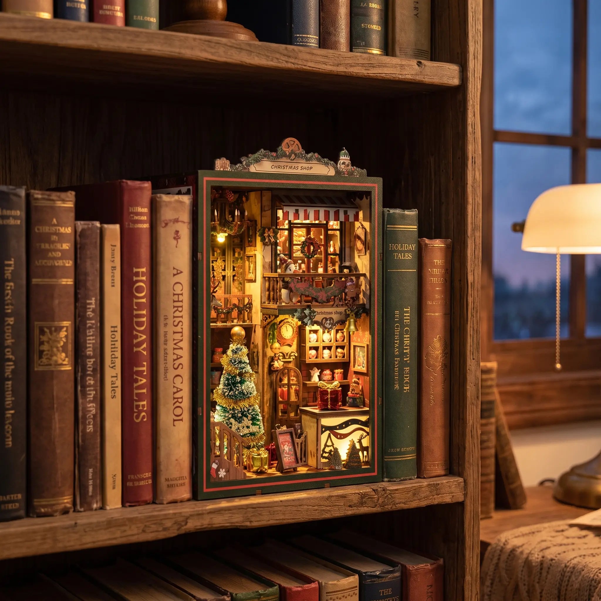 The Christmas Shop book nook slotted on a bookshelf between books, glowing at dusk