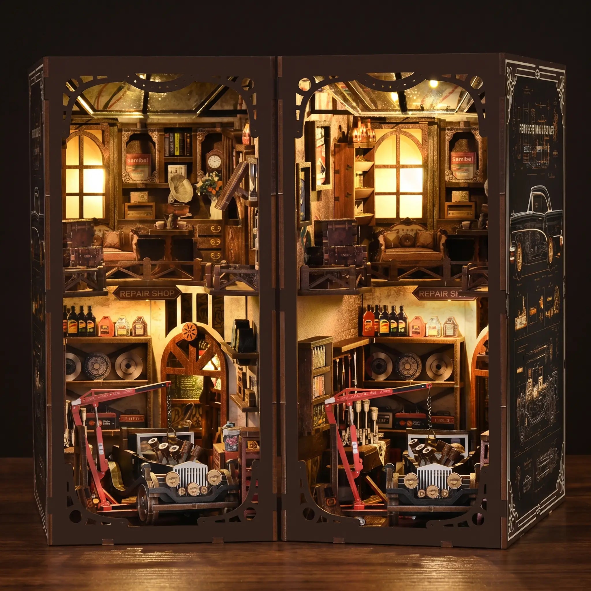 The Repair Shop book nook on a dark walnut backdrop with warm glow