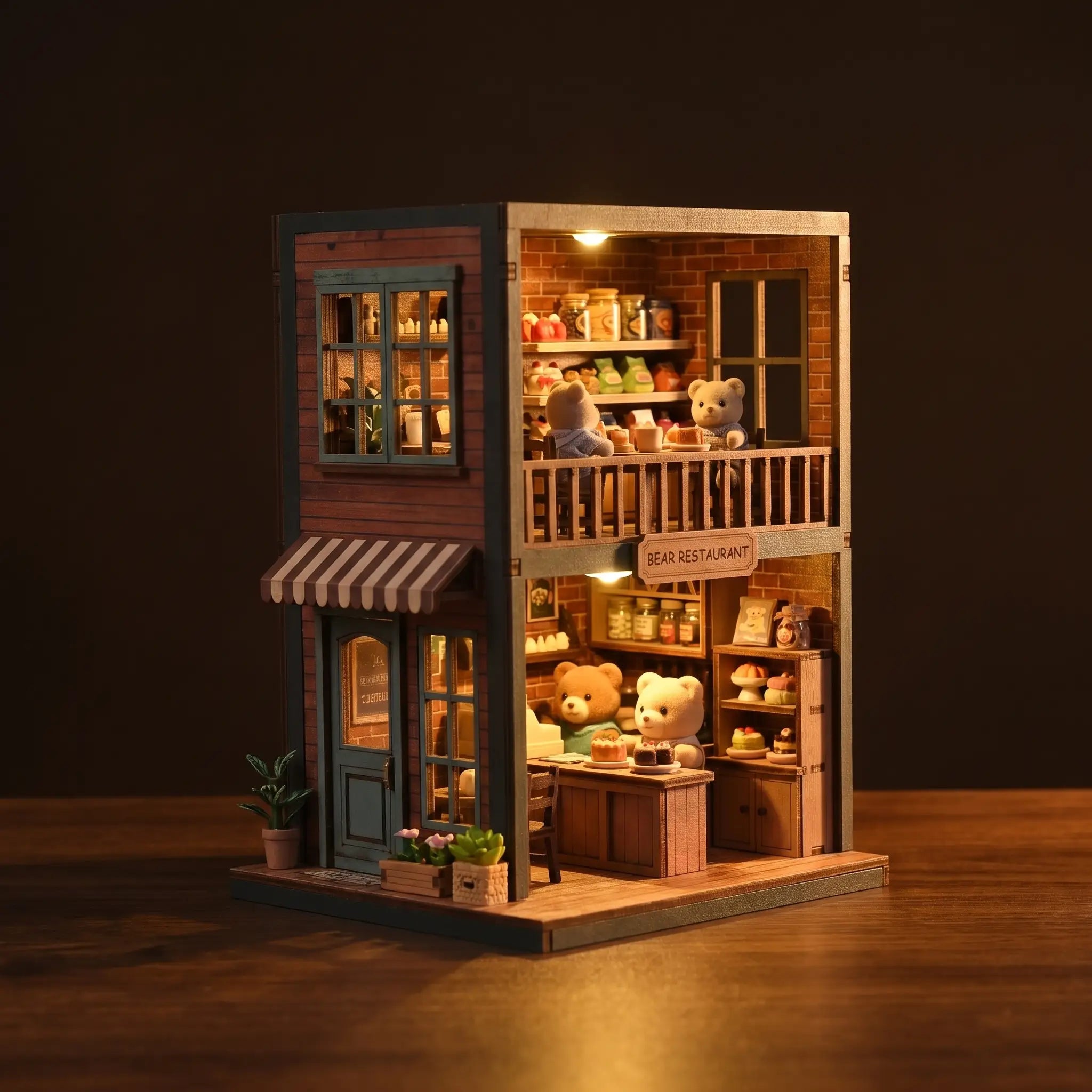 The Teddy Bear Shop miniature corner shop kit on a dark walnut backdrop with warm LED lighting