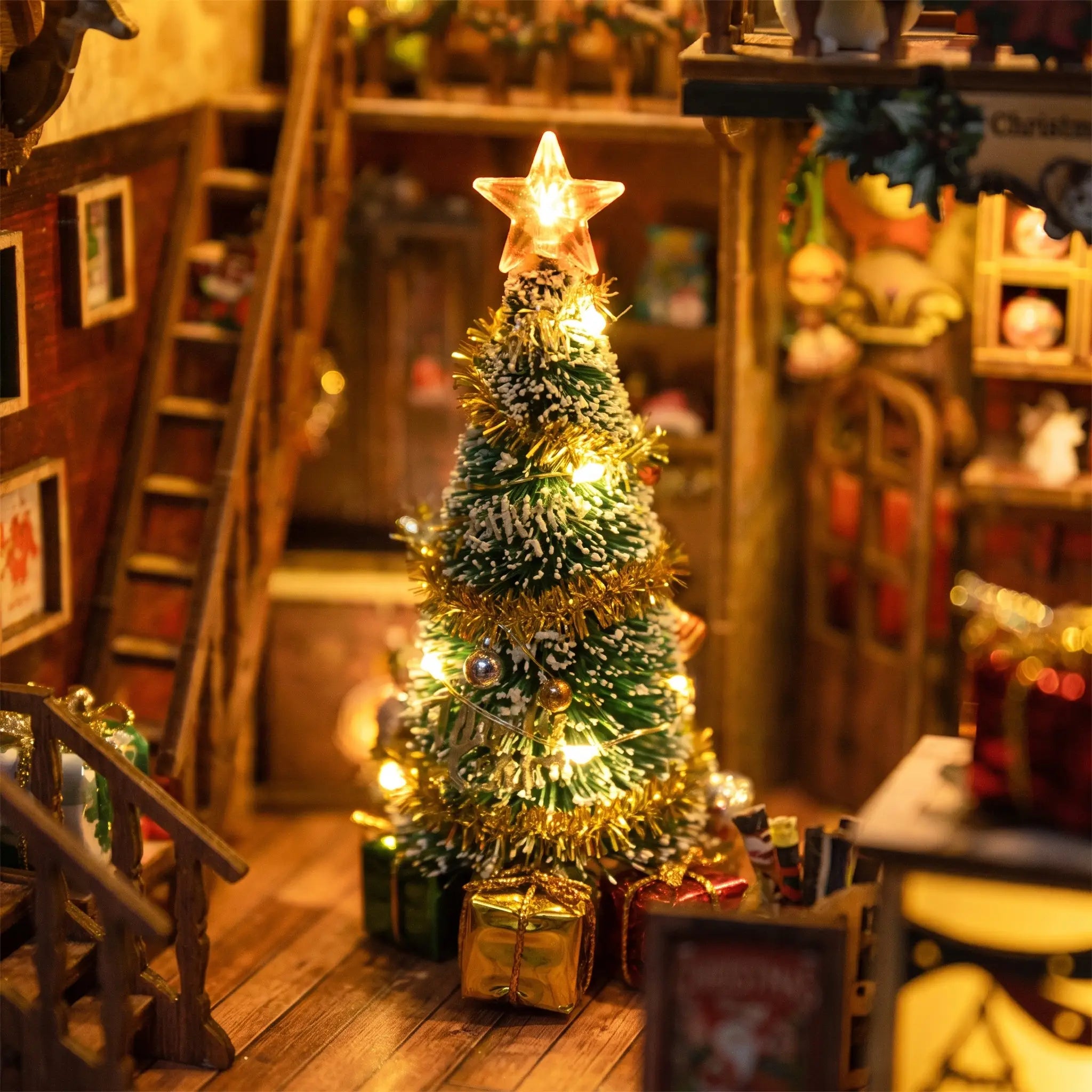Close-up of the decorated Christmas tree with glowing star and wrapped gifts