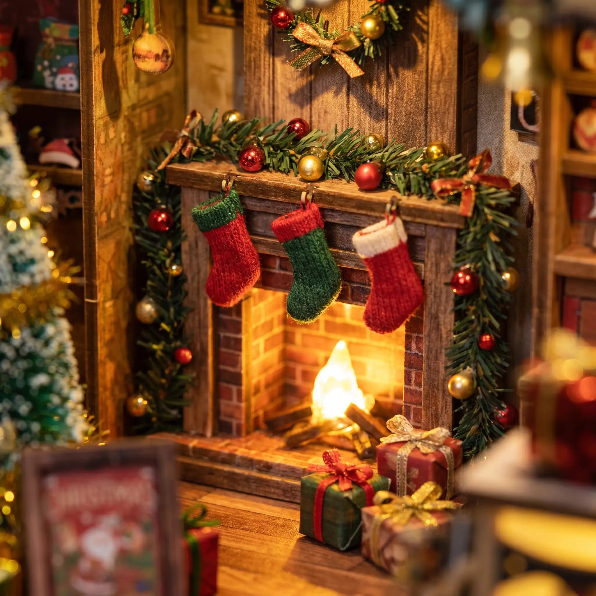 Close-up of the cozy fireplace with stockings and garlands inside the Christmas shop