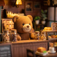Close-up of a plush teddy bear shopkeeper behind the counter inside The Teddy Bear Shop