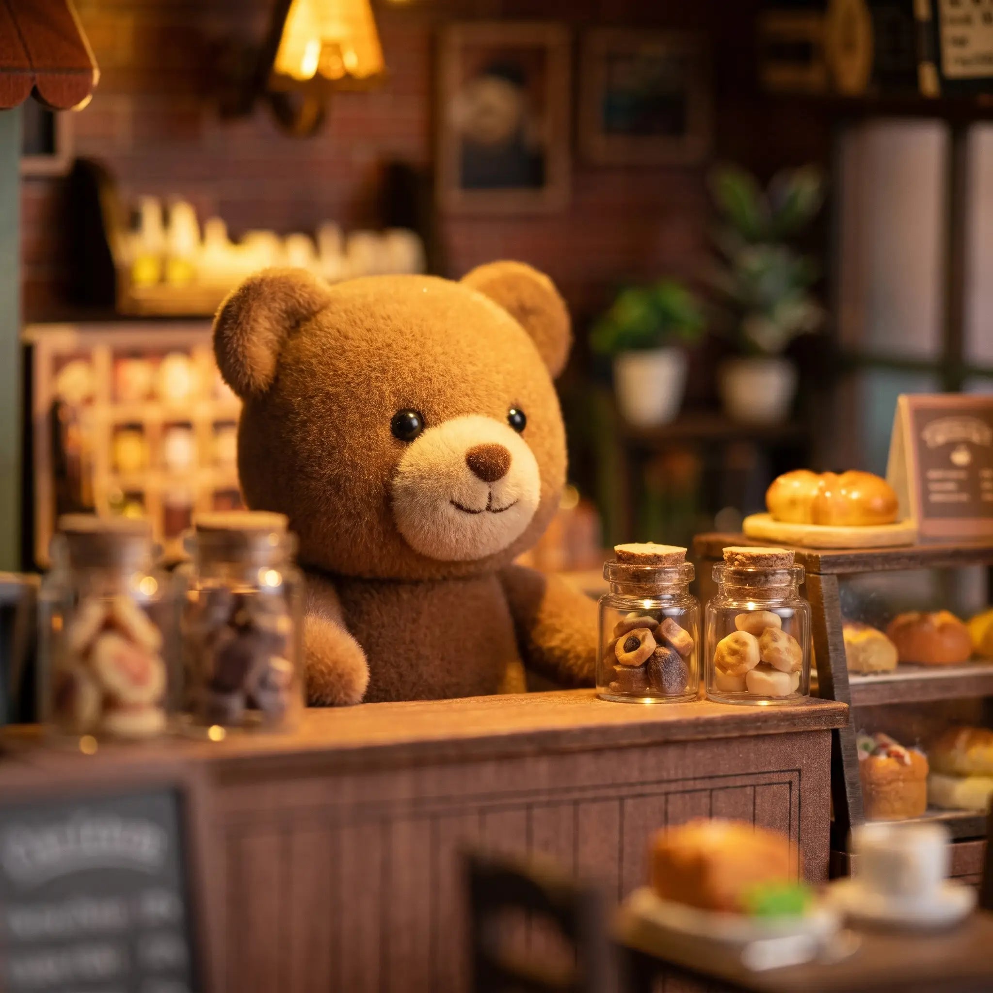 Close-up of a plush teddy bear shopkeeper behind the counter inside The Teddy Bear Shop