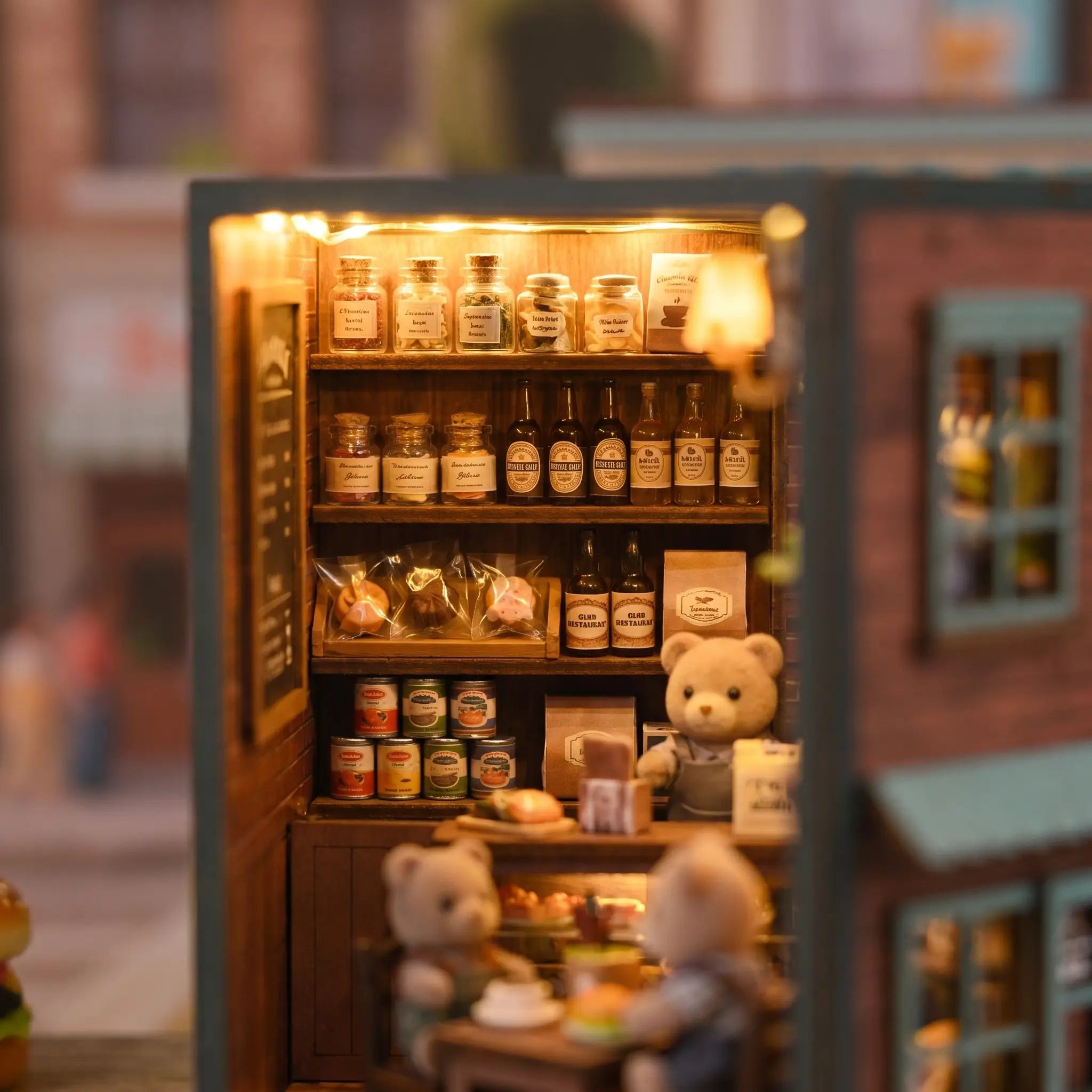 Close-up of the lit shelves of tiny jars and treats inside The Teddy Bear Shop