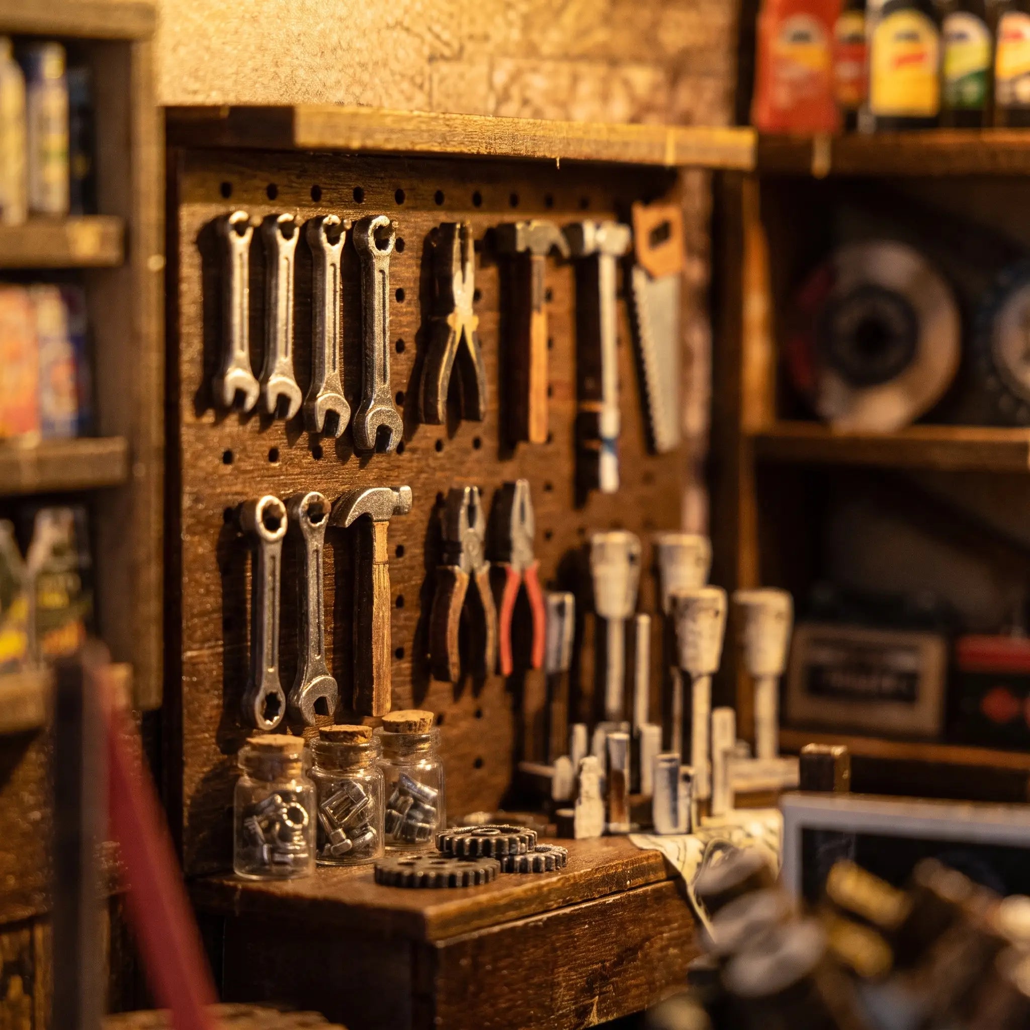 Close-up of the pegboard tool wall in The Repair Shop