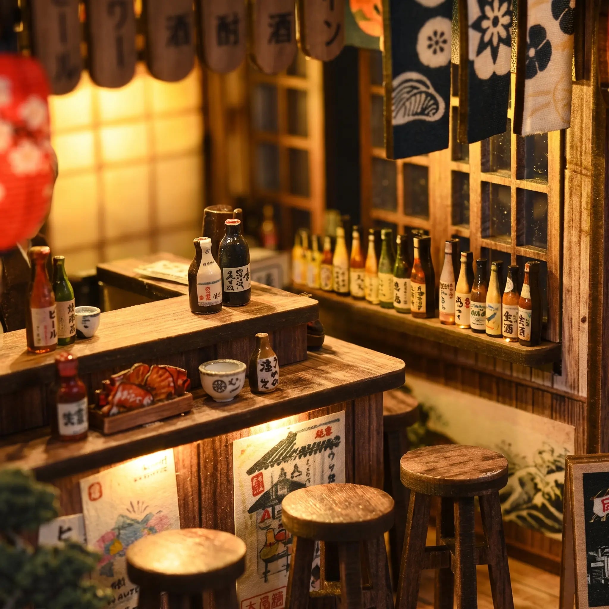 Close-up of the wooden bar counter and bottle shelves of The Izakaya