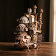 The Moving Castle steampunk walking castle, dark dramatic studio shot