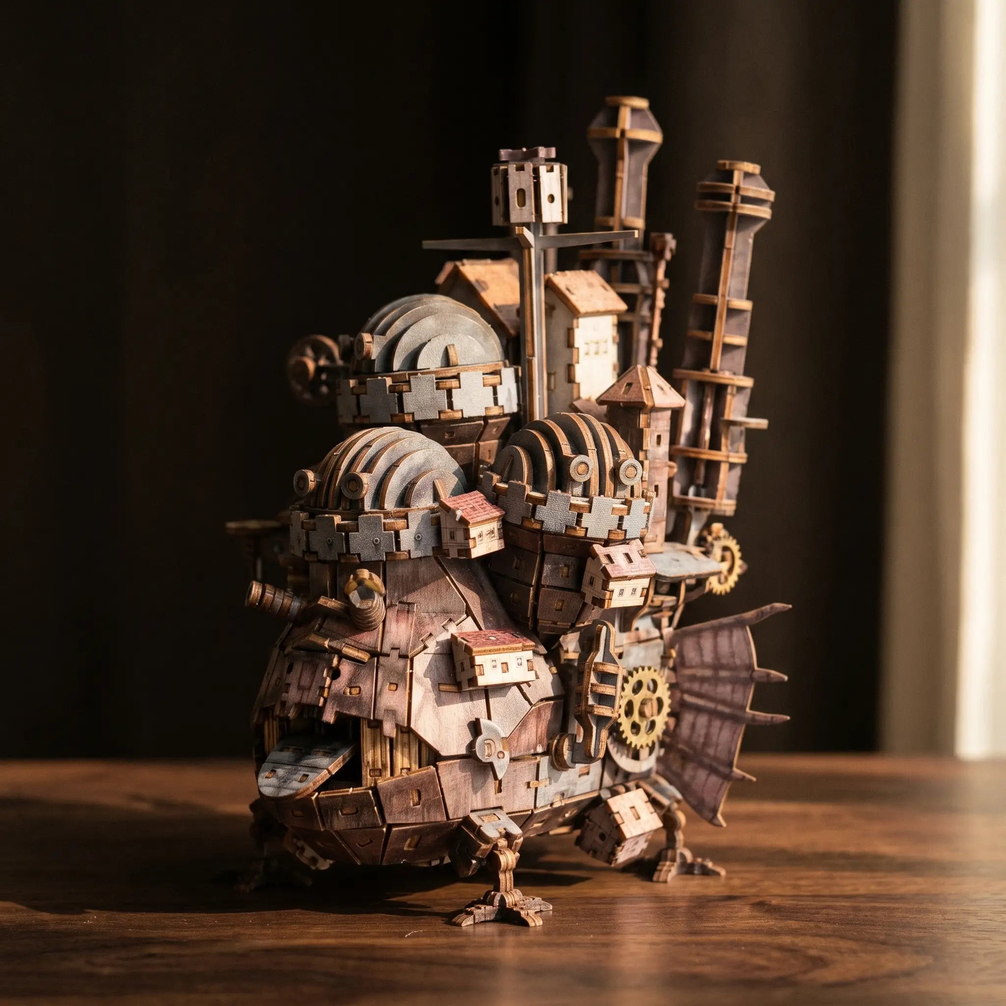 The Moving Castle steampunk walking castle, dark dramatic studio shot