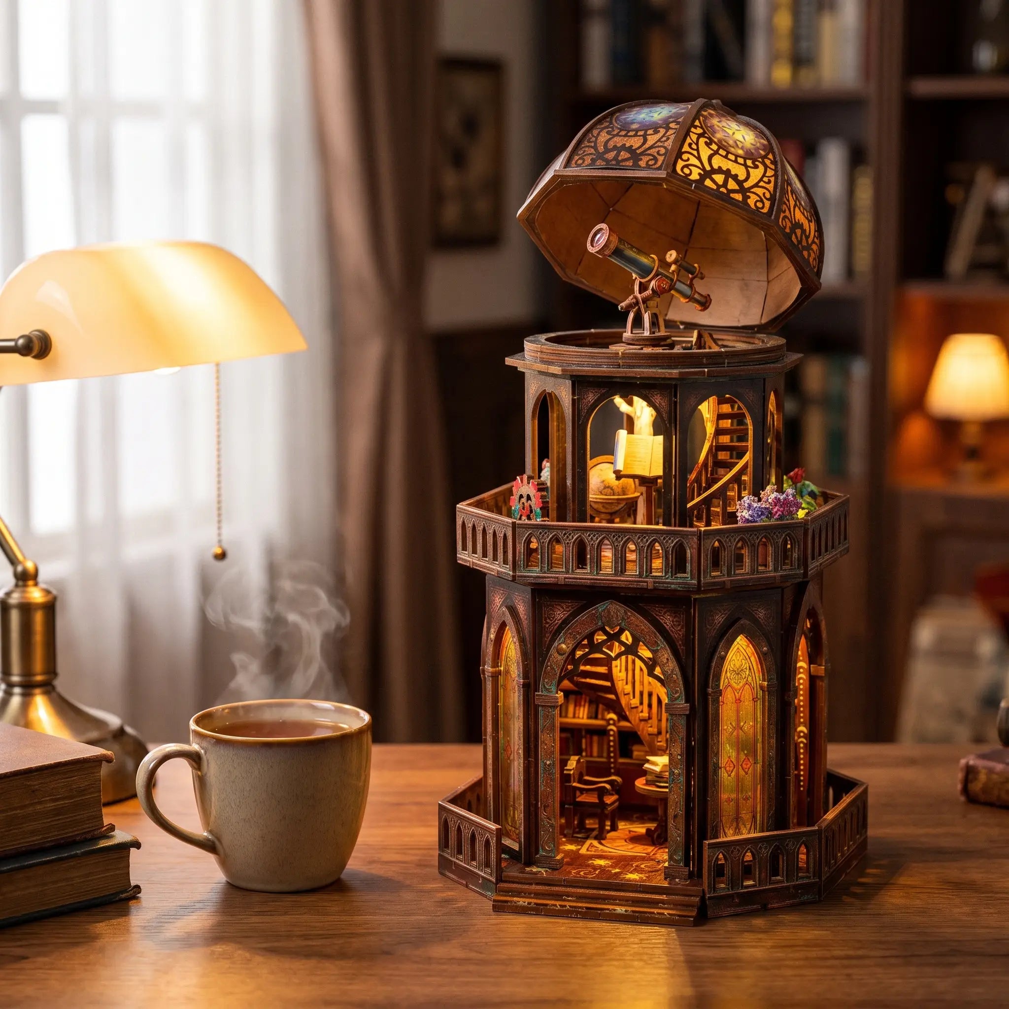 The Observatory tower on a wood desk with a mug and books, lights glowing