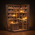 The Wand Shop book nook on a dark walnut backdrop, warm interior glow