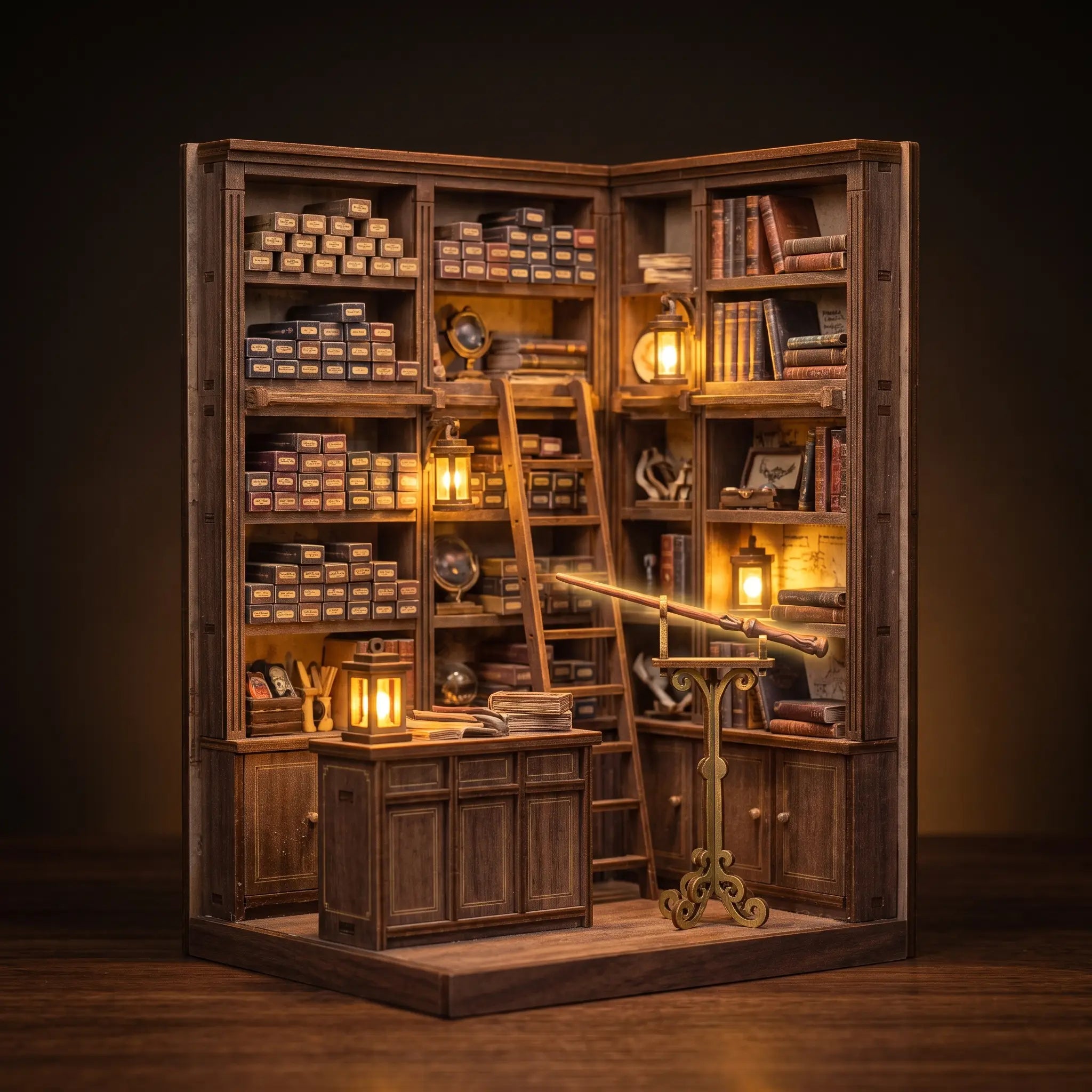 The Wand Shop book nook on a dark walnut backdrop, warm interior glow