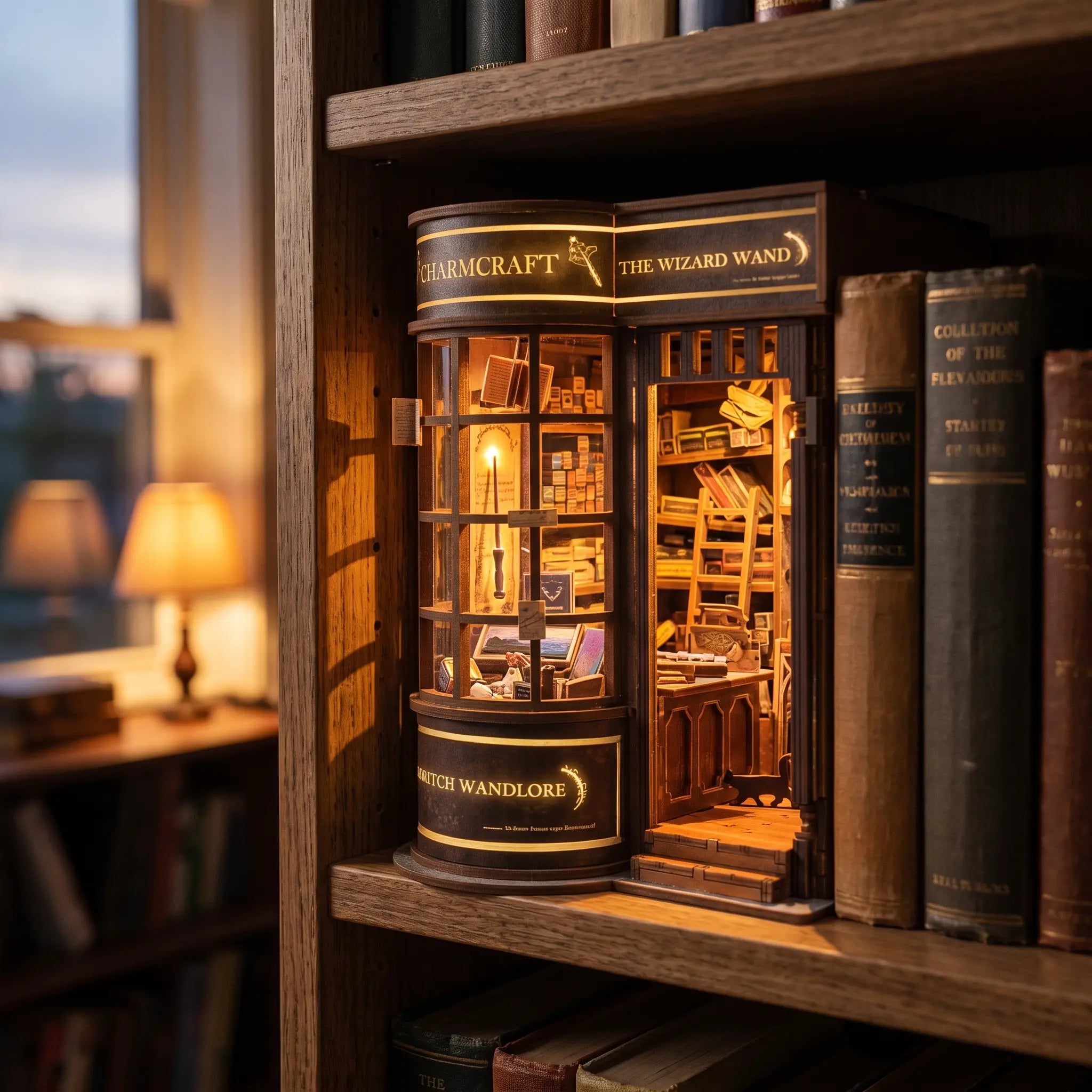 The Wand Shop book nook slotted on a home bookshelf between books at dusk
