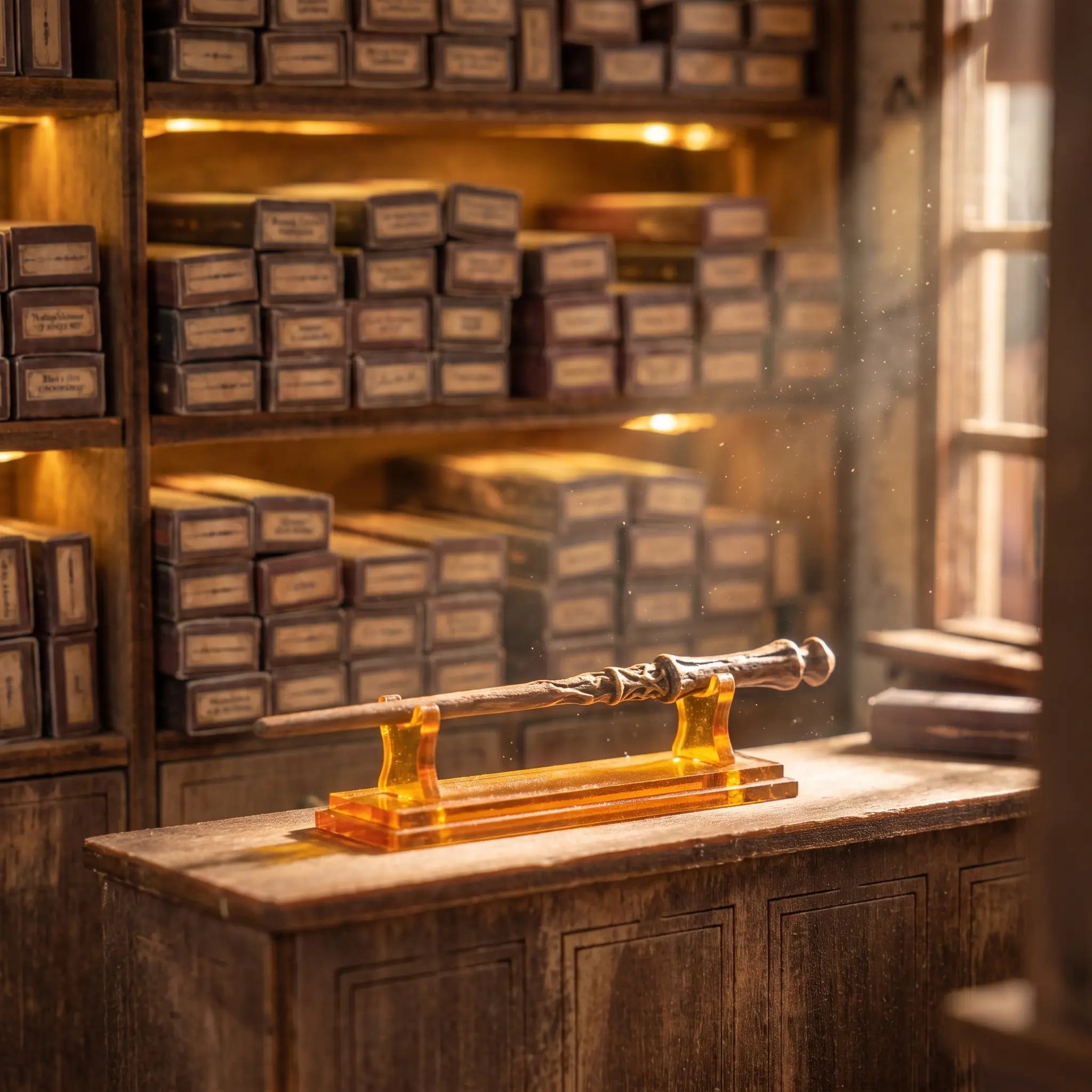 Macro of the lit interior of The Wand Shop, a glowing wand on the counter