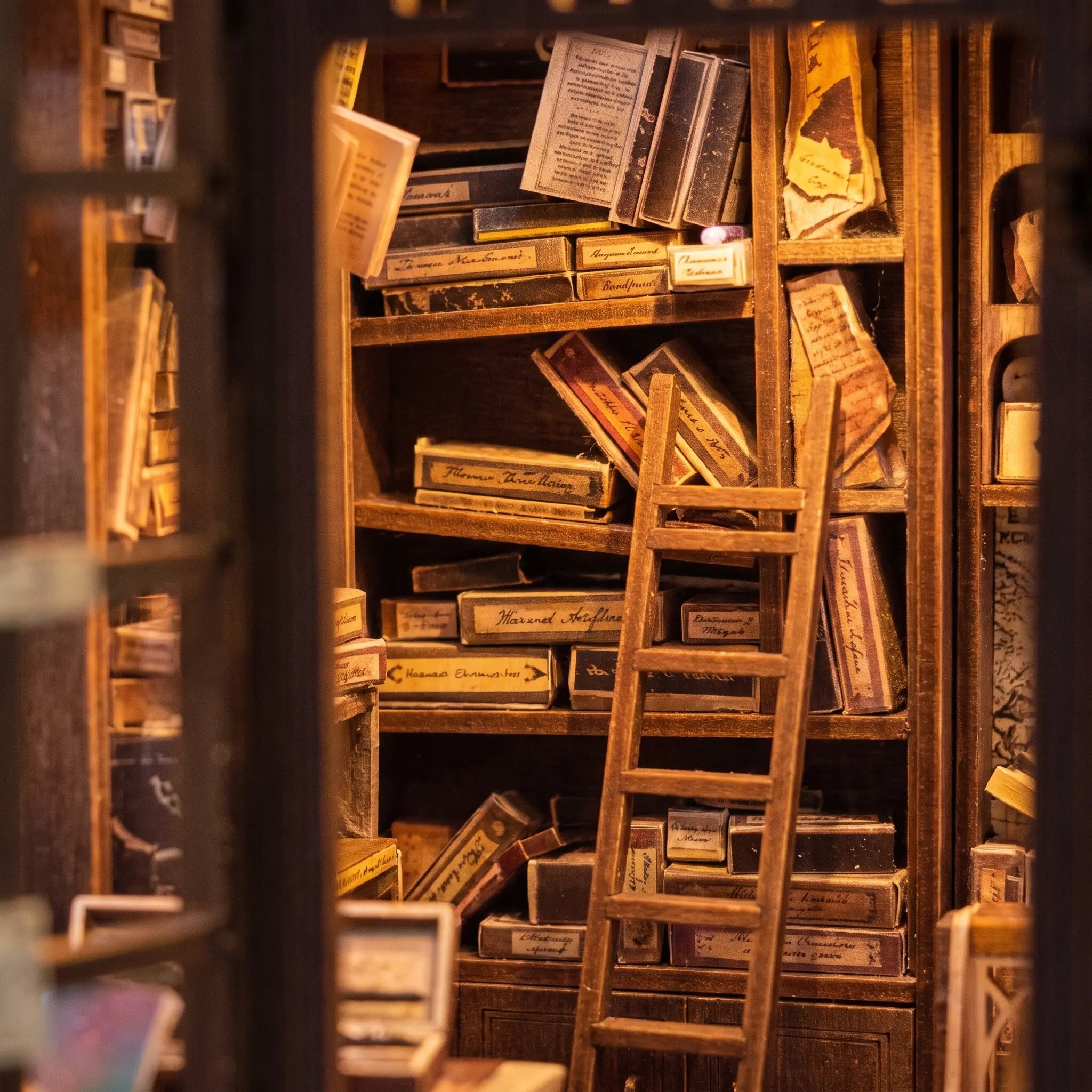 Close-up of the towering shelves of narrow wand boxes inside The Wand Shop