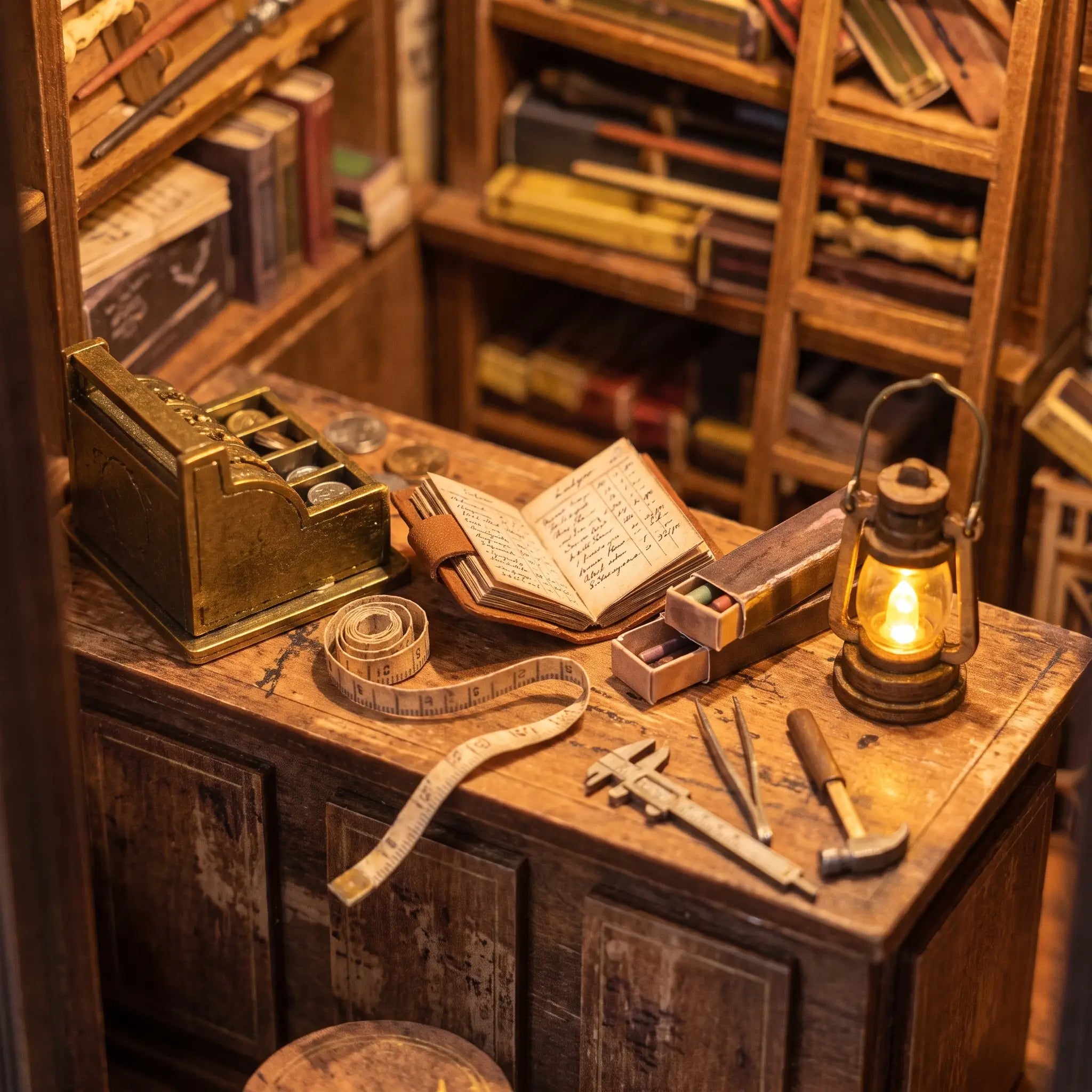 Close-up of the wooden sales counter inside The Wand Shop with a lit lantern