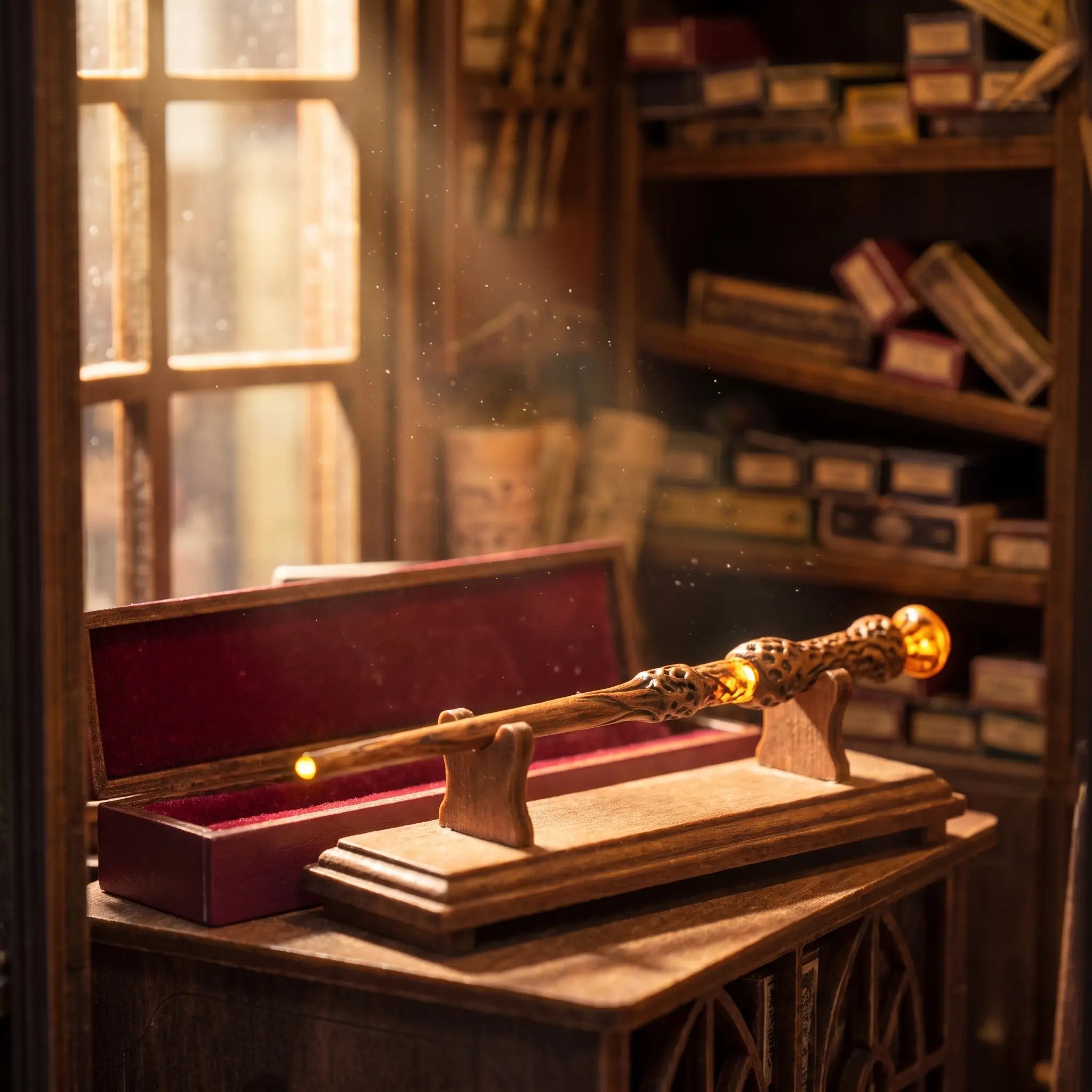 Close-up of a single glowing wand on a display stand inside The Wand Shop