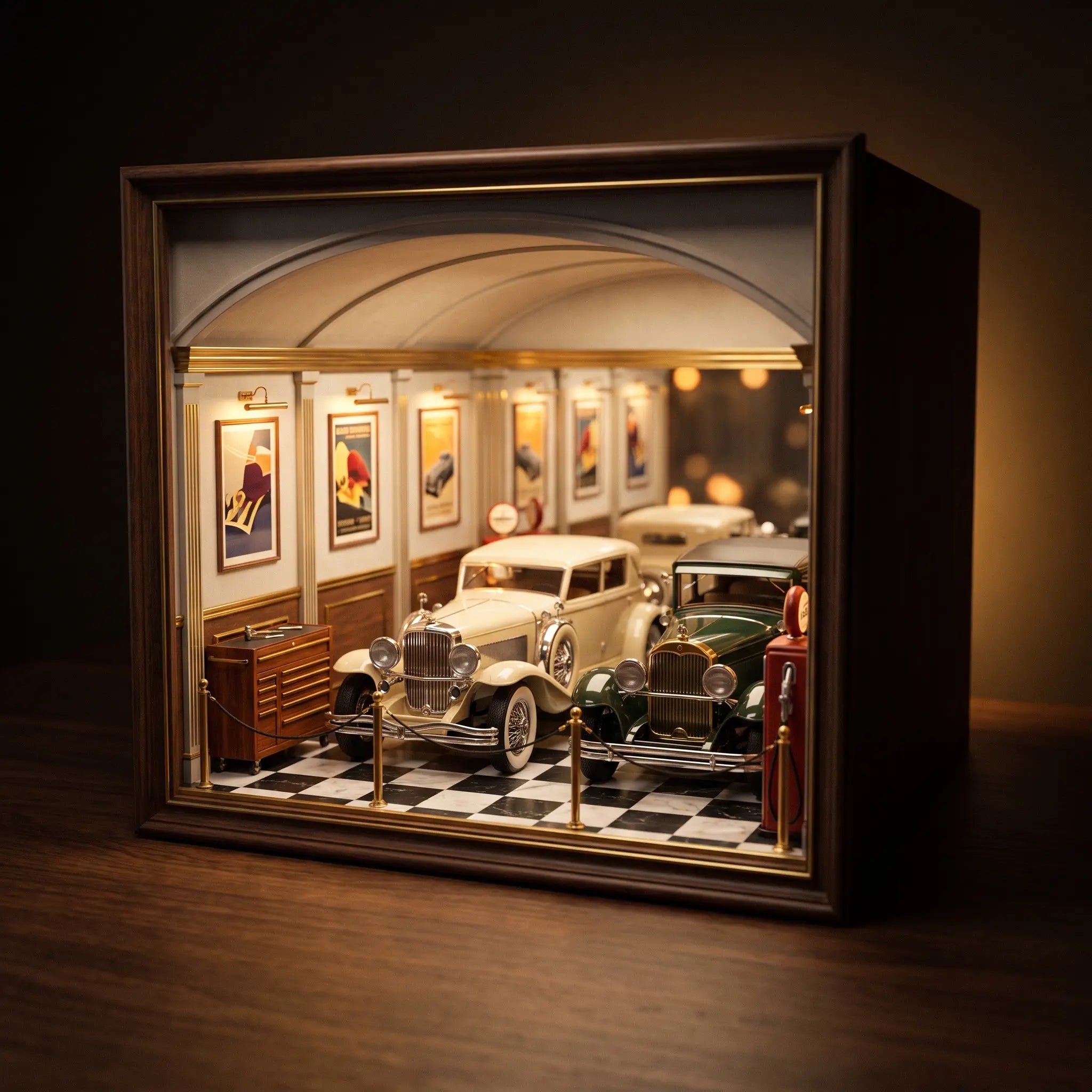The Classic Garage miniature vintage car showroom book nook, dark backdrop hero