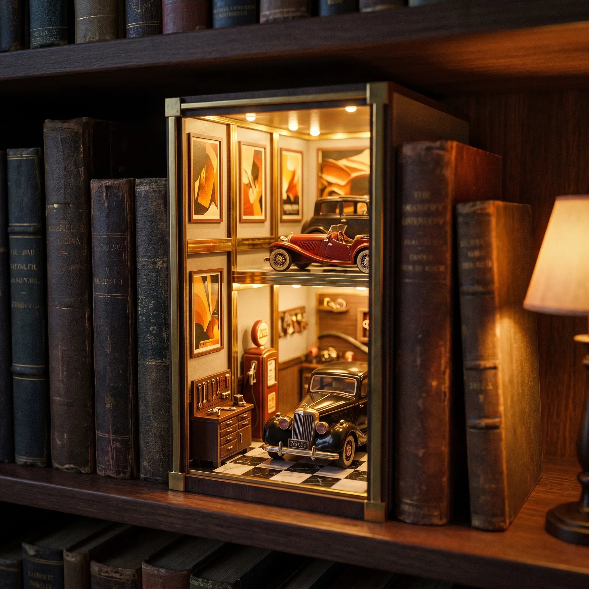 The Classic Garage book nook slotted on a bookshelf at dusk