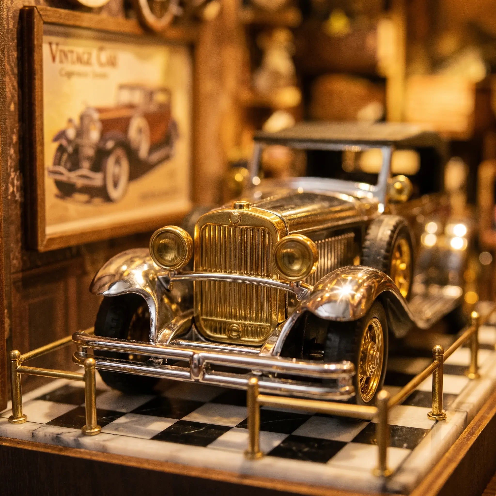 Close-up of a polished antique car inside The Classic Garage showroom