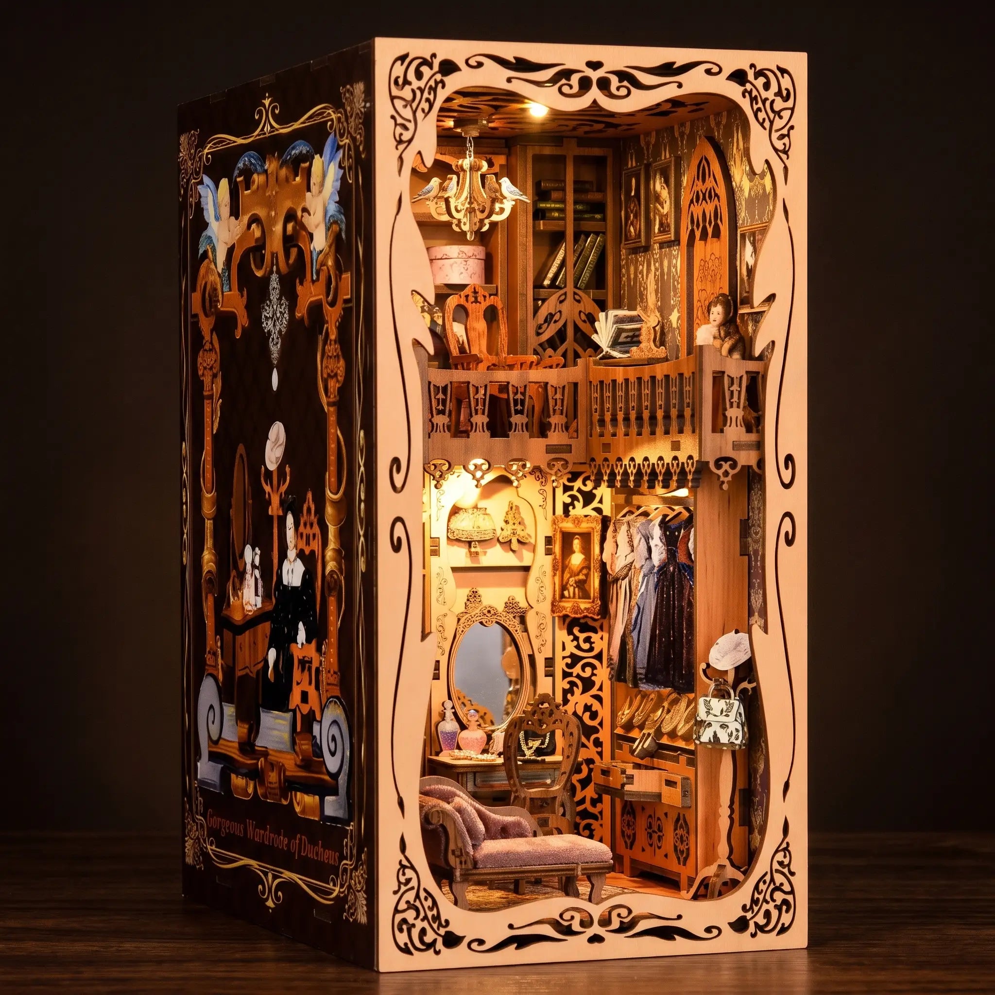 The Dressing Room book nook on a dark walnut backdrop with warm LED glow