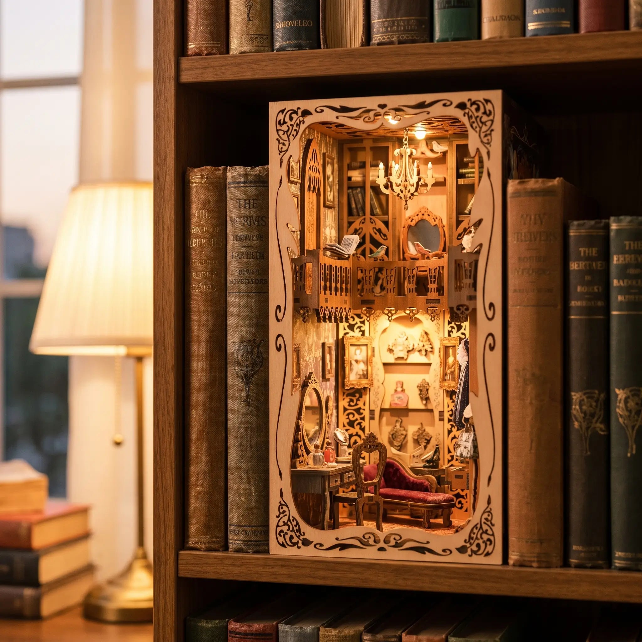The Dressing Room book nook slotted on a bookshelf at dusk