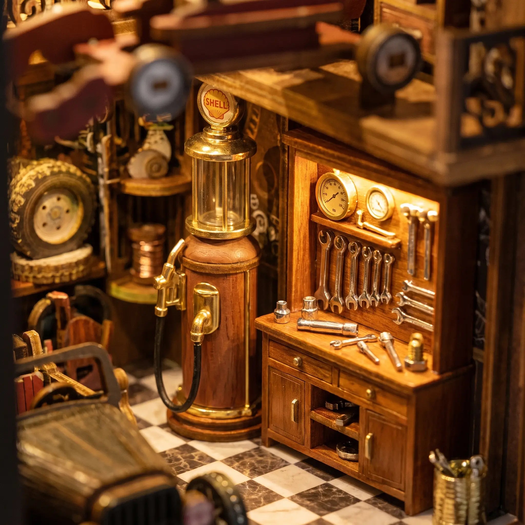 Close-up of the vintage fuel pump and tool cabinet in The Classic Garage
