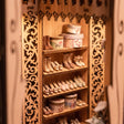 Detail of the shoe shelves and hat boxes in the dressing room