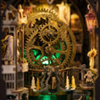 Macro detail of the brass gears and clockwork mechanism inside the apothecary