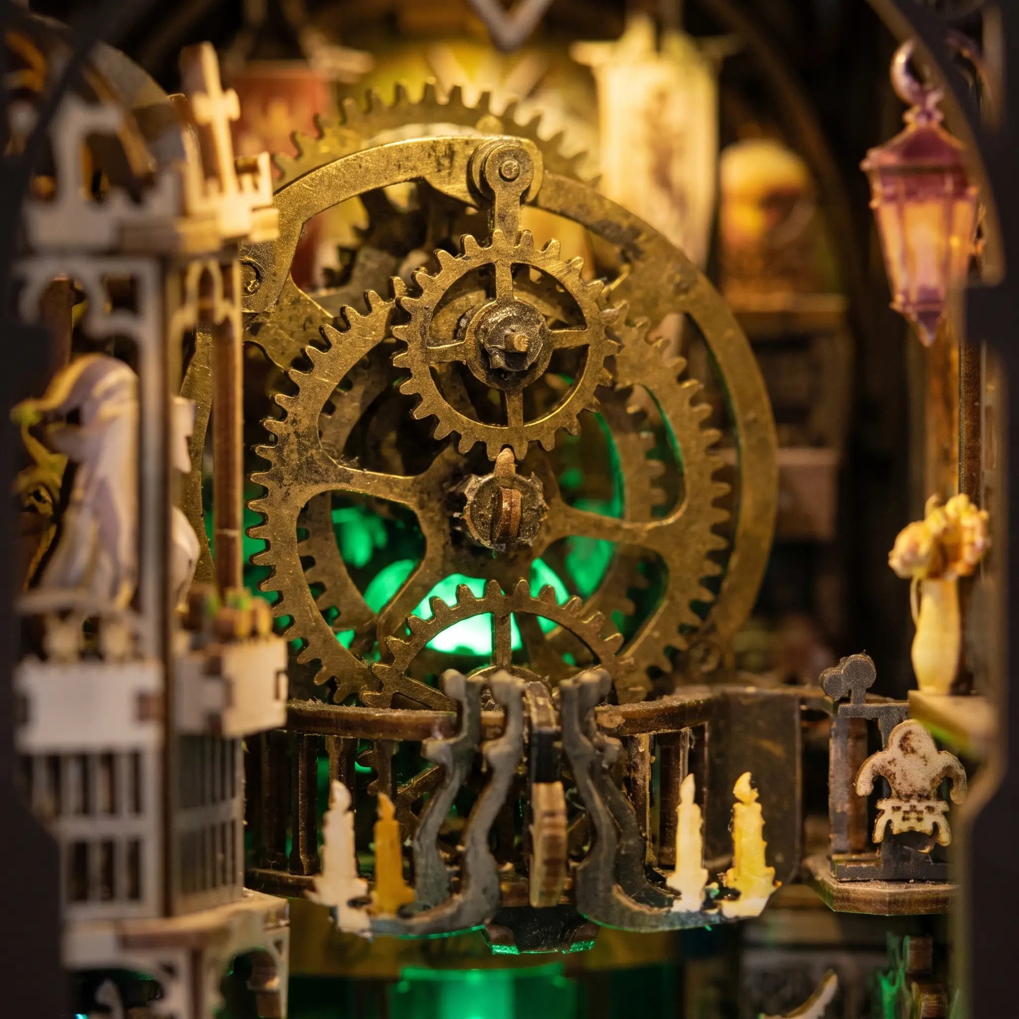 Macro detail of the brass gears and clockwork mechanism inside the apothecary