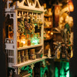 Macro detail of the apothecary shelf with glowing potion bottles and dried herbs